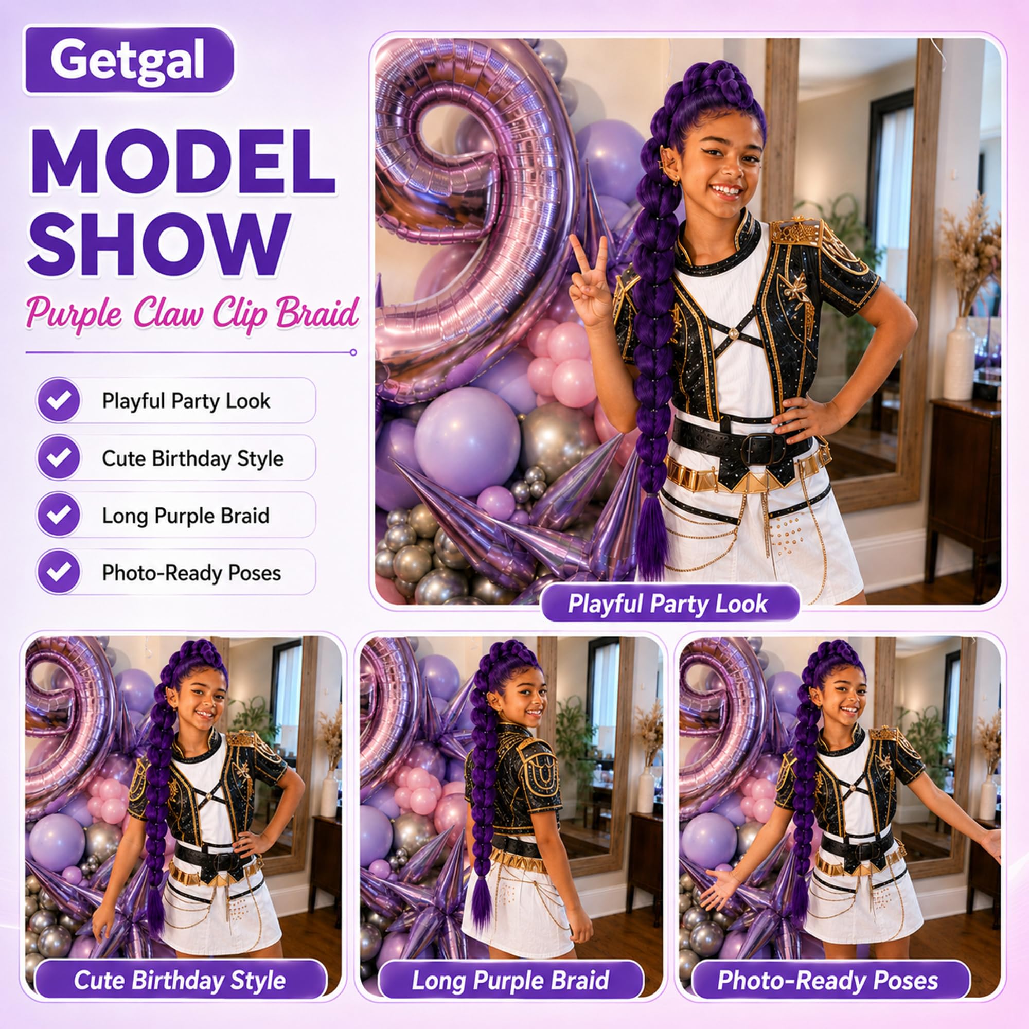 GetGal purple braid in party scene showing quick styling for events benefit