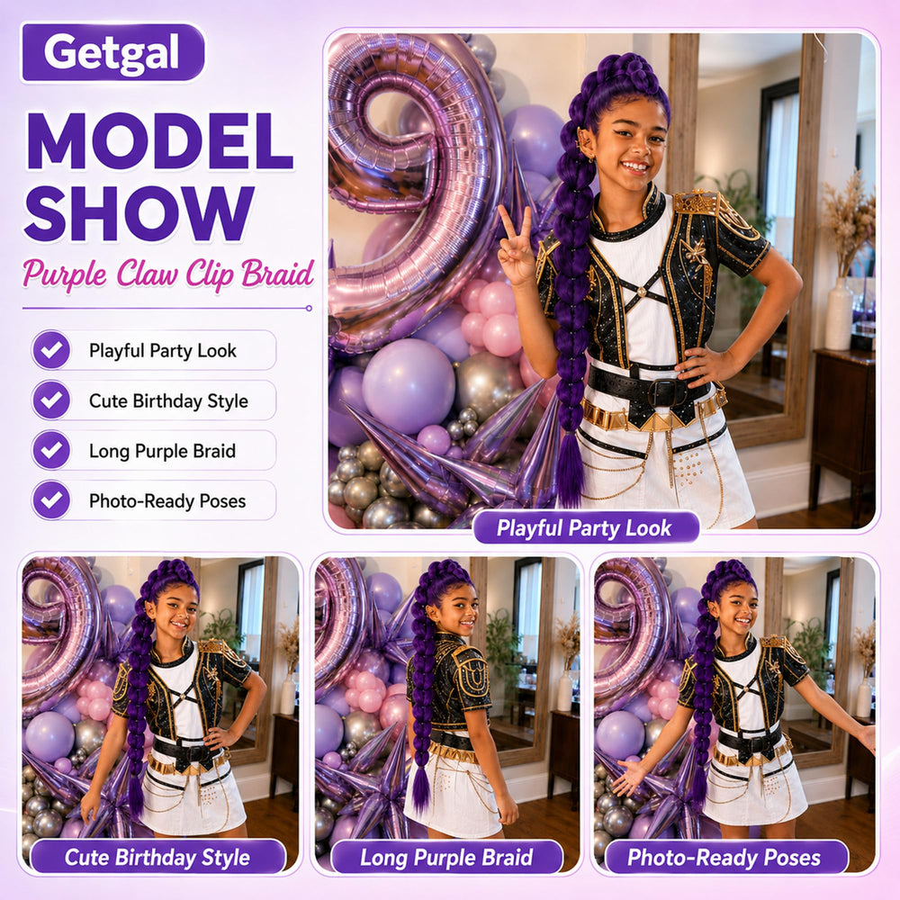 GetGal purple braid in party scene showing quick styling for events benefit