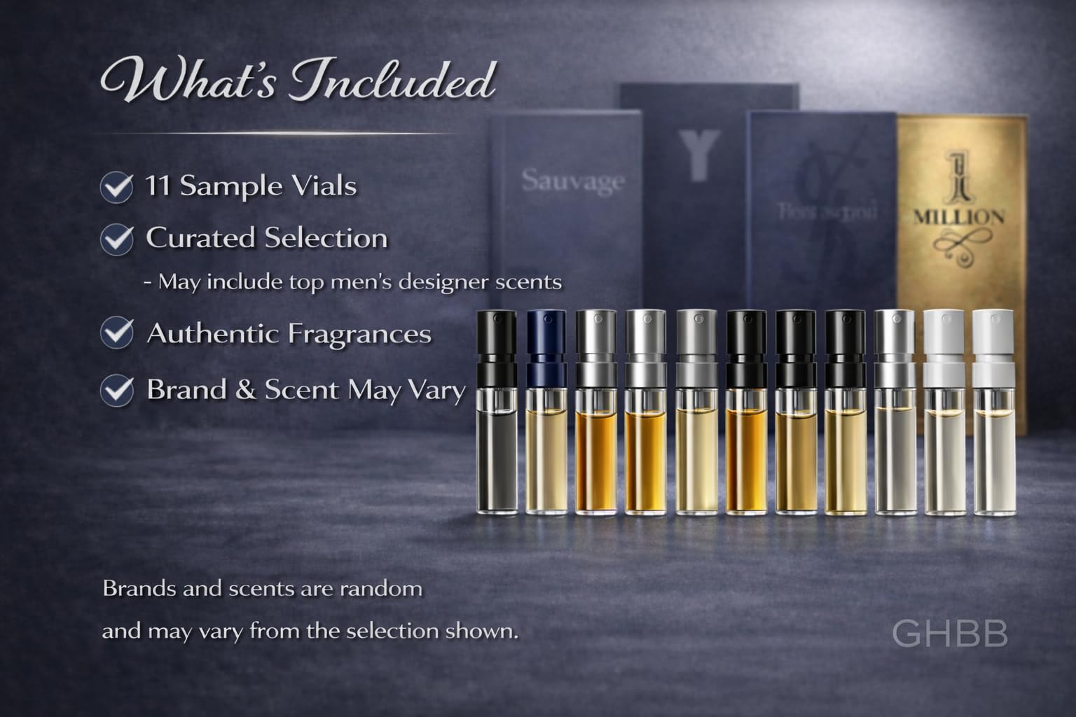 GHBB close-up of multiple designer sample vials highlighting scent variety
