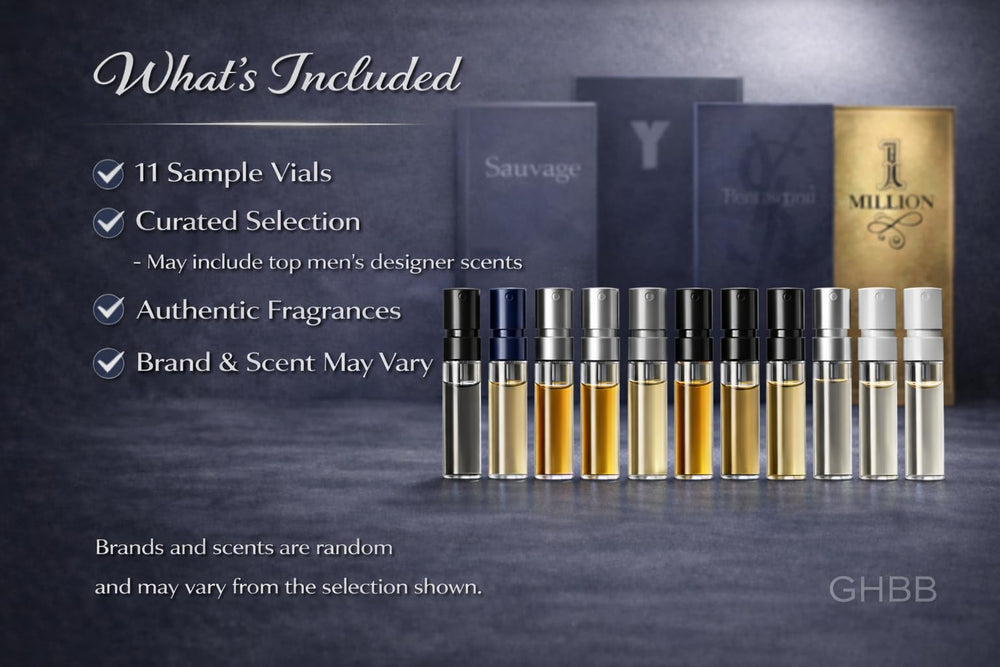 GHBB close-up of multiple designer sample vials highlighting scent variety