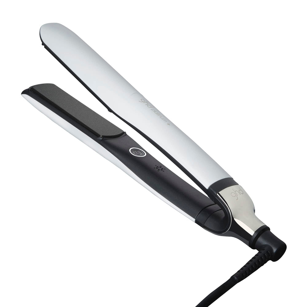 ghd Platinum+ white front view showing sleek design and easy handling benefits