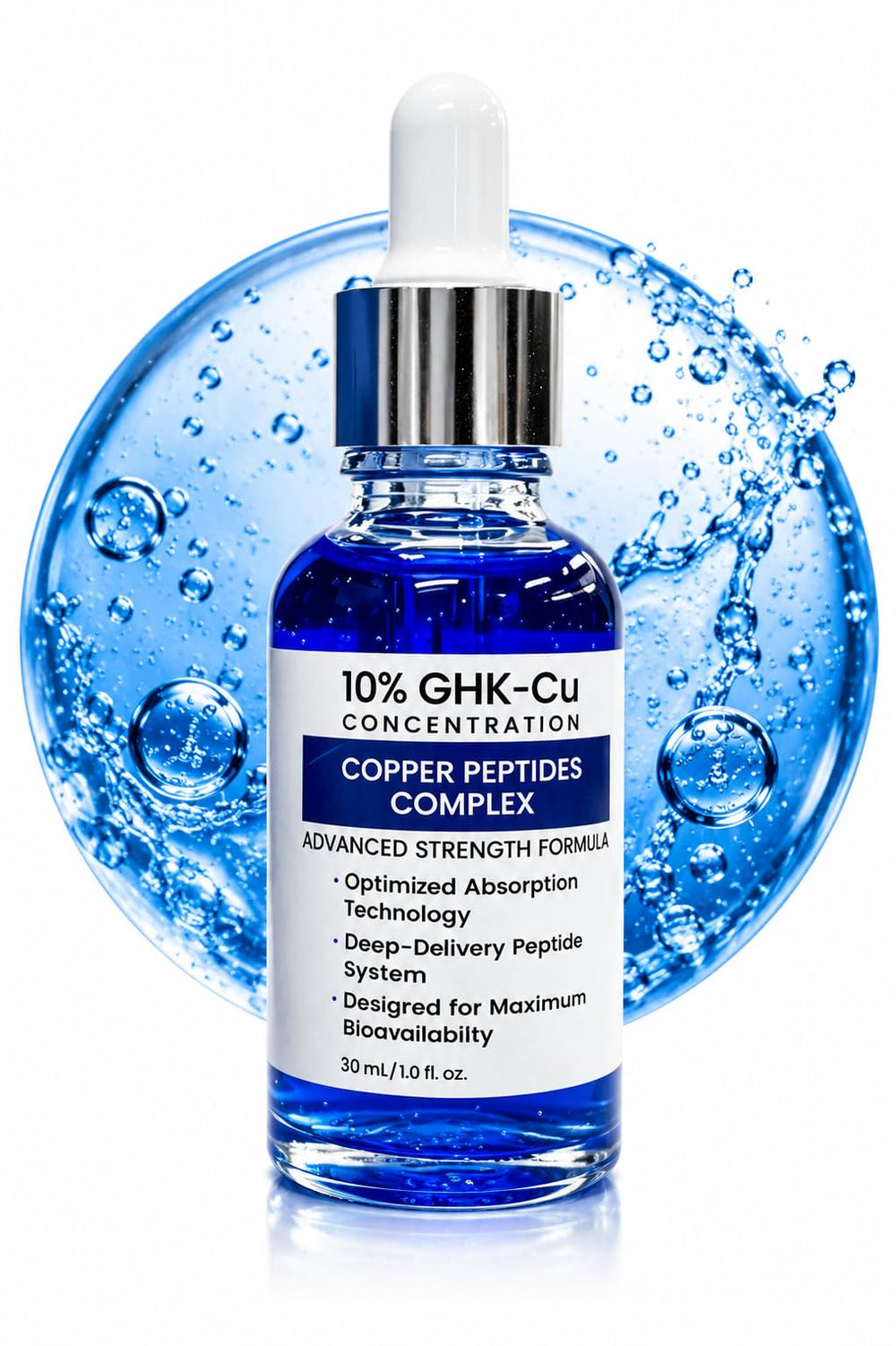 Generic GHK-Cu front bottle showing product and benefits