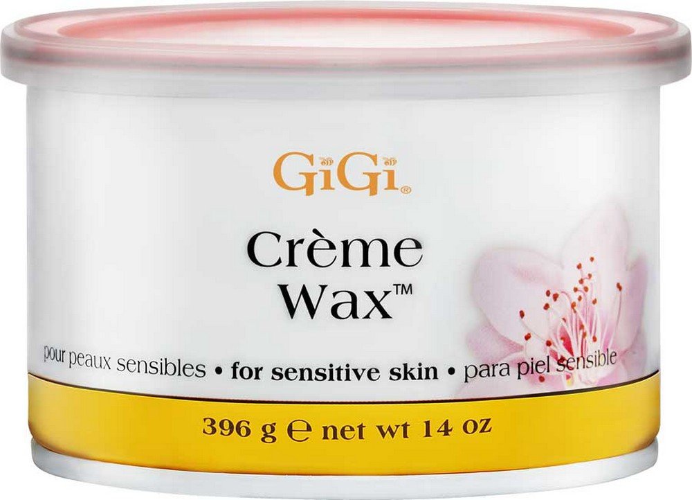 GIGI crema wax front can showing gentle formula for sensitive skin and clean removal