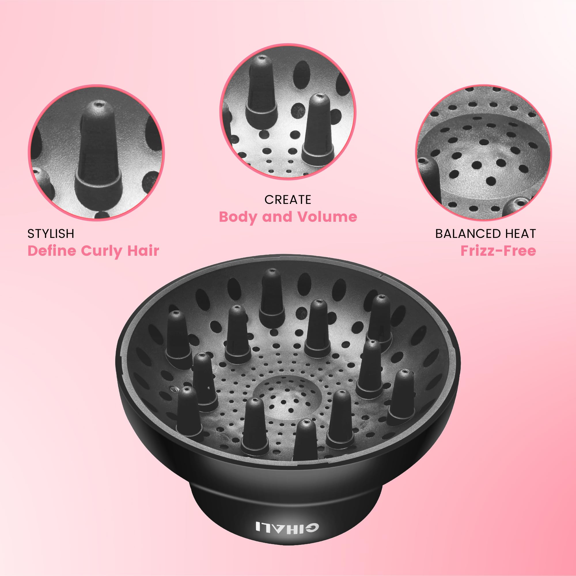 GIHALI diffuser top view displaying 12 vents for even airflow and curl definition