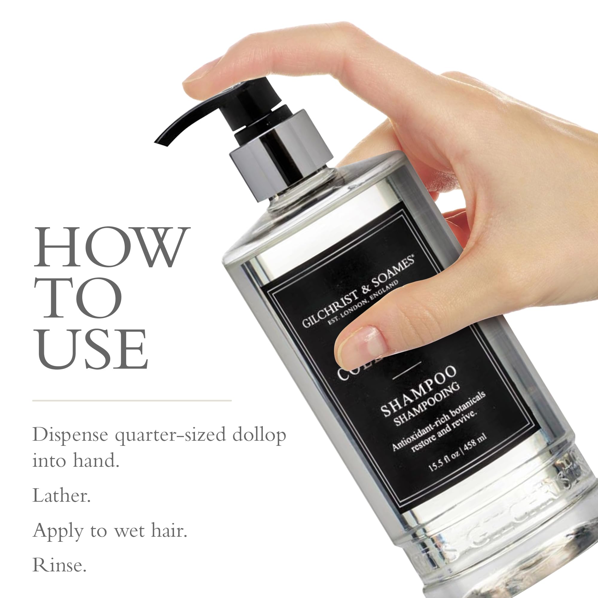 Gilchrist & Soames shampoo in shower being applied for a clarifying cleanse