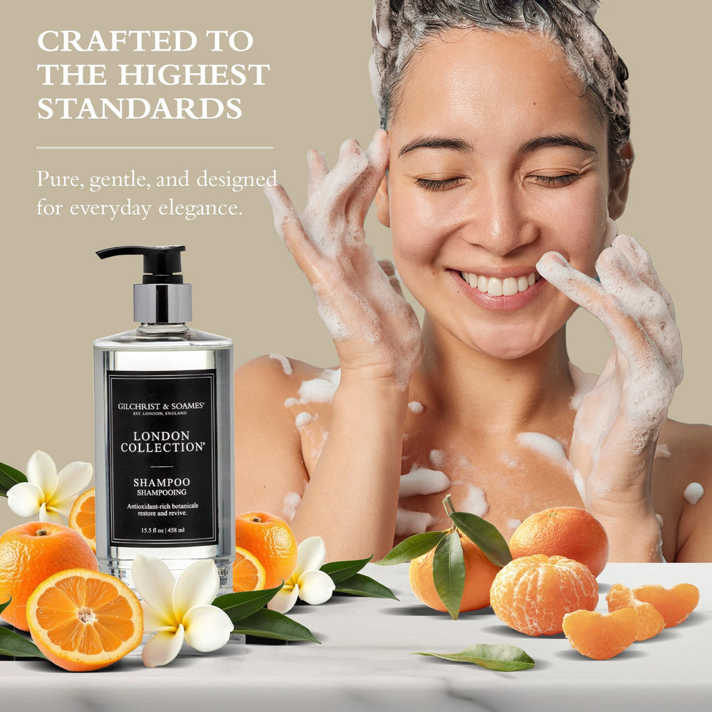 Gilchrist & Soames shampoo on bathroom shelf styled for elegant daily routine