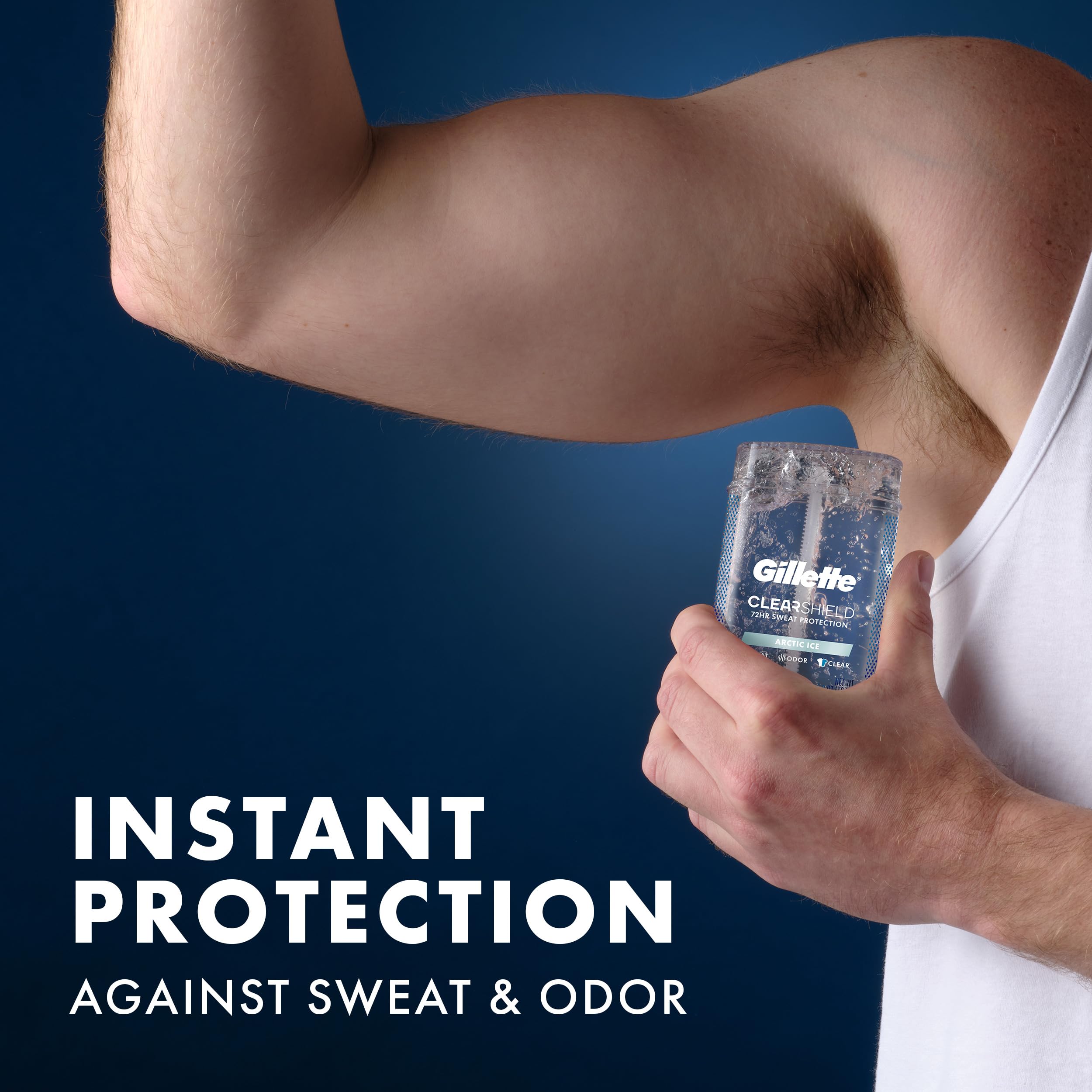 Applying Gillette clear gel underarm demonstrating fast-acting sweat control