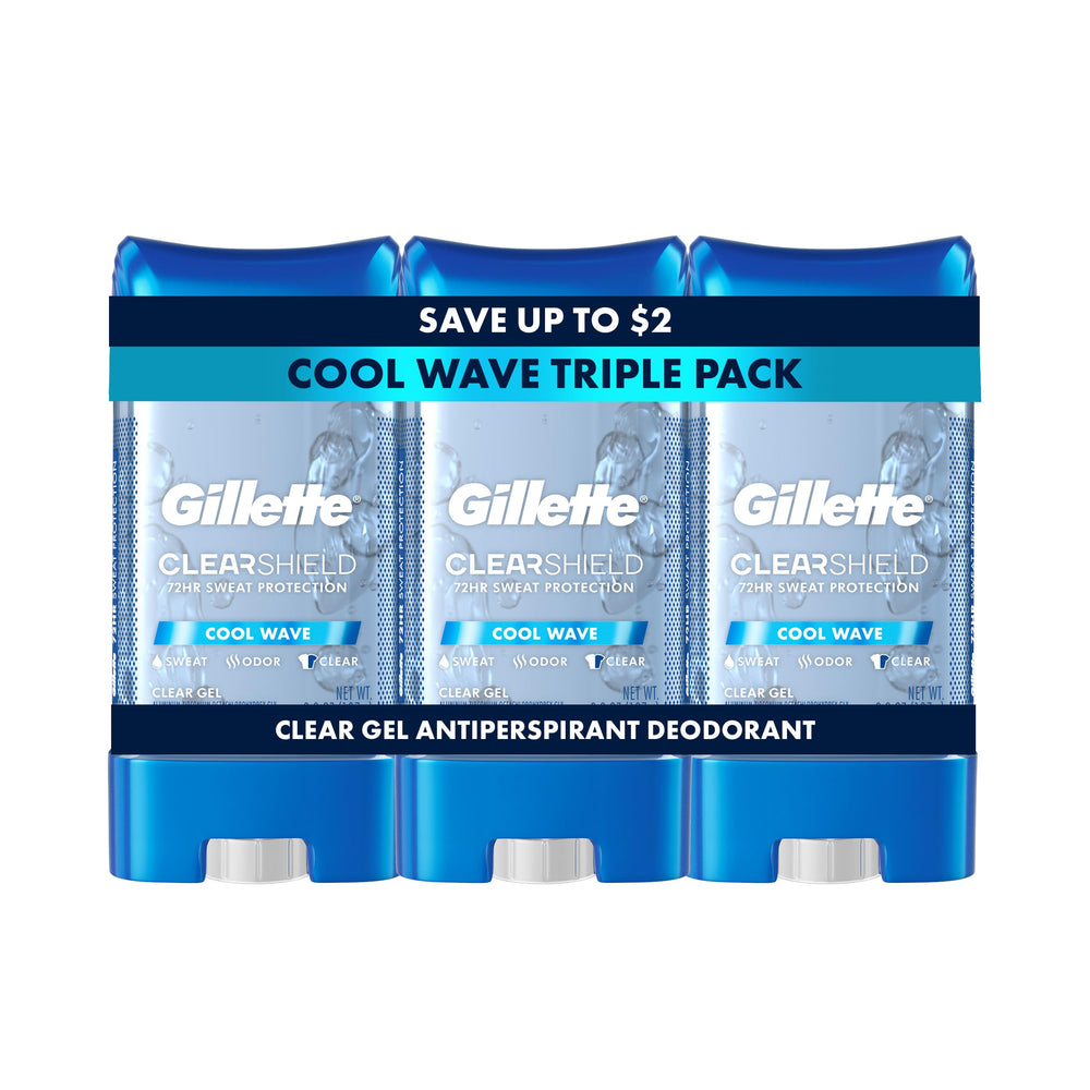 Gillette clear gel front packaging showing brand and 72hr benefit
