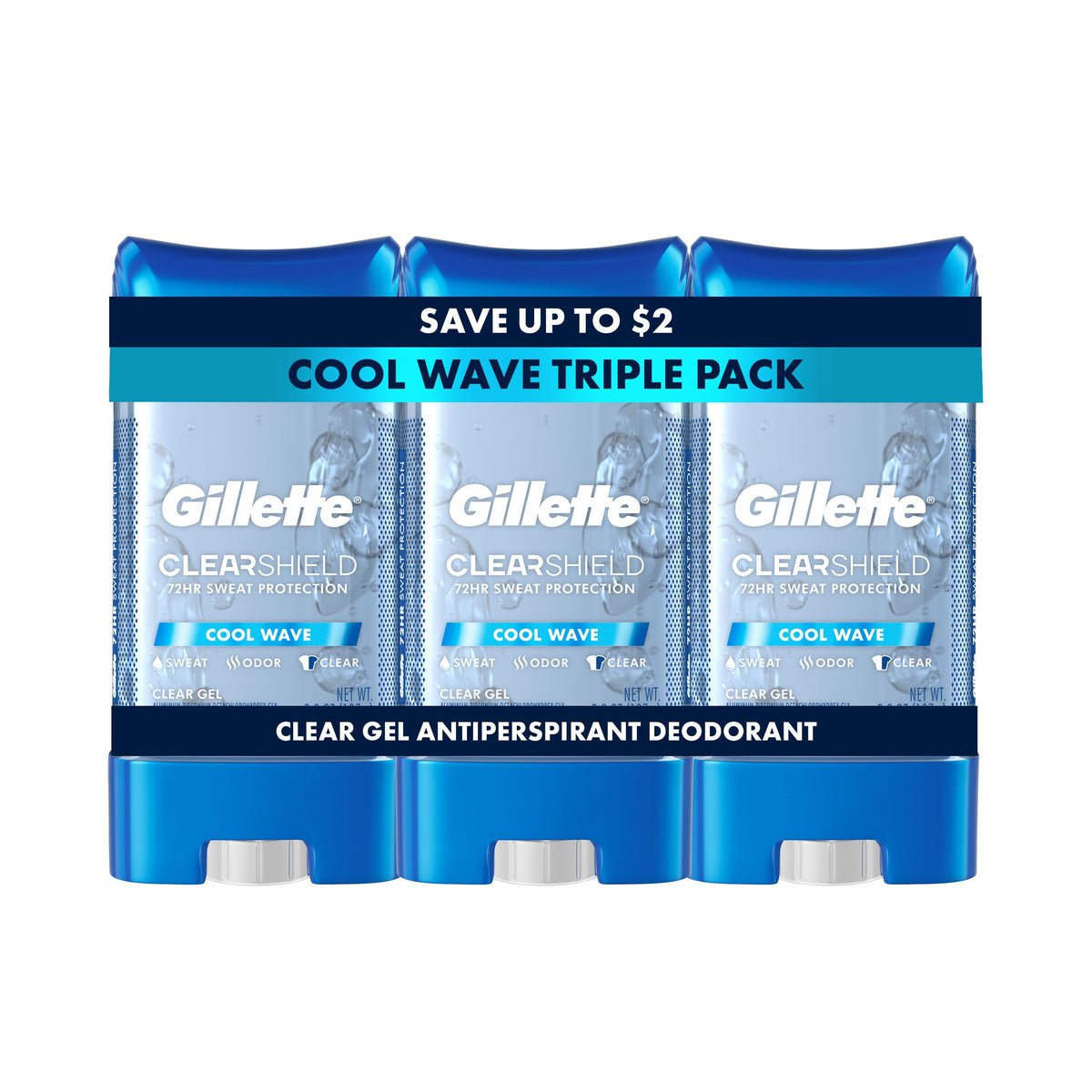 Gillette clear gel front packaging showing brand and 72hr benefit