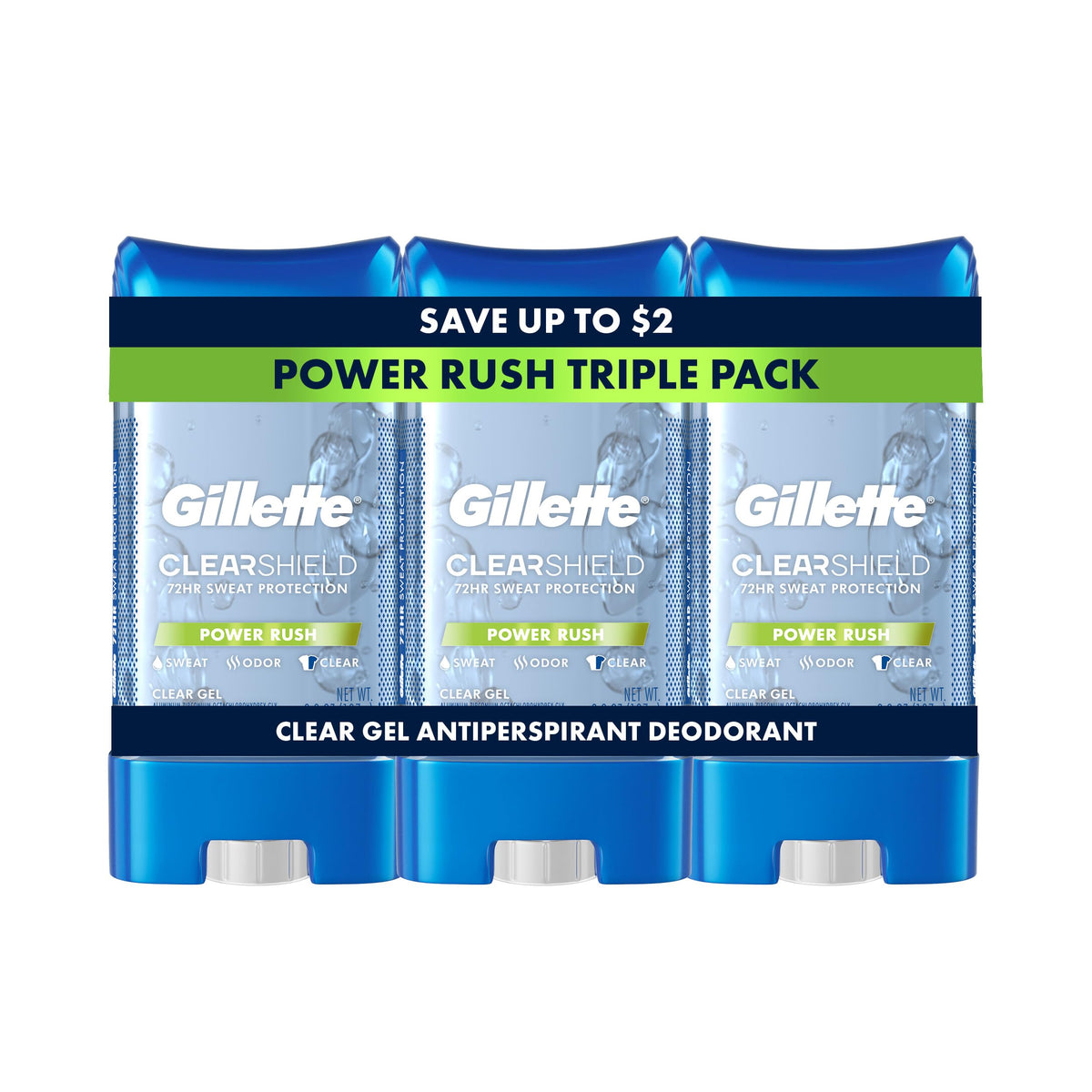 Gillette clear gel front packaging showing product and scent benefits