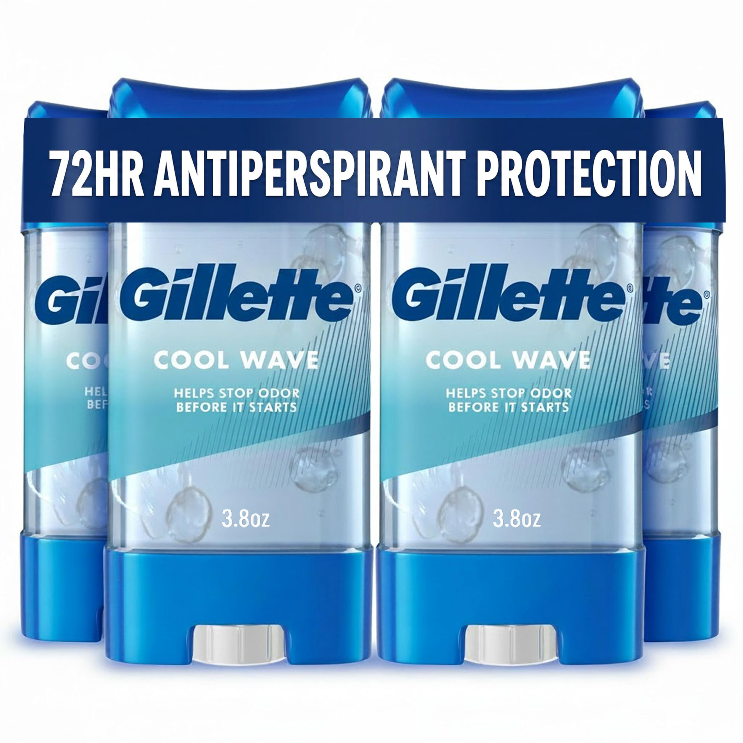 Gillette clear gel front packaging showing Cool Wave scent and 72-hour protection