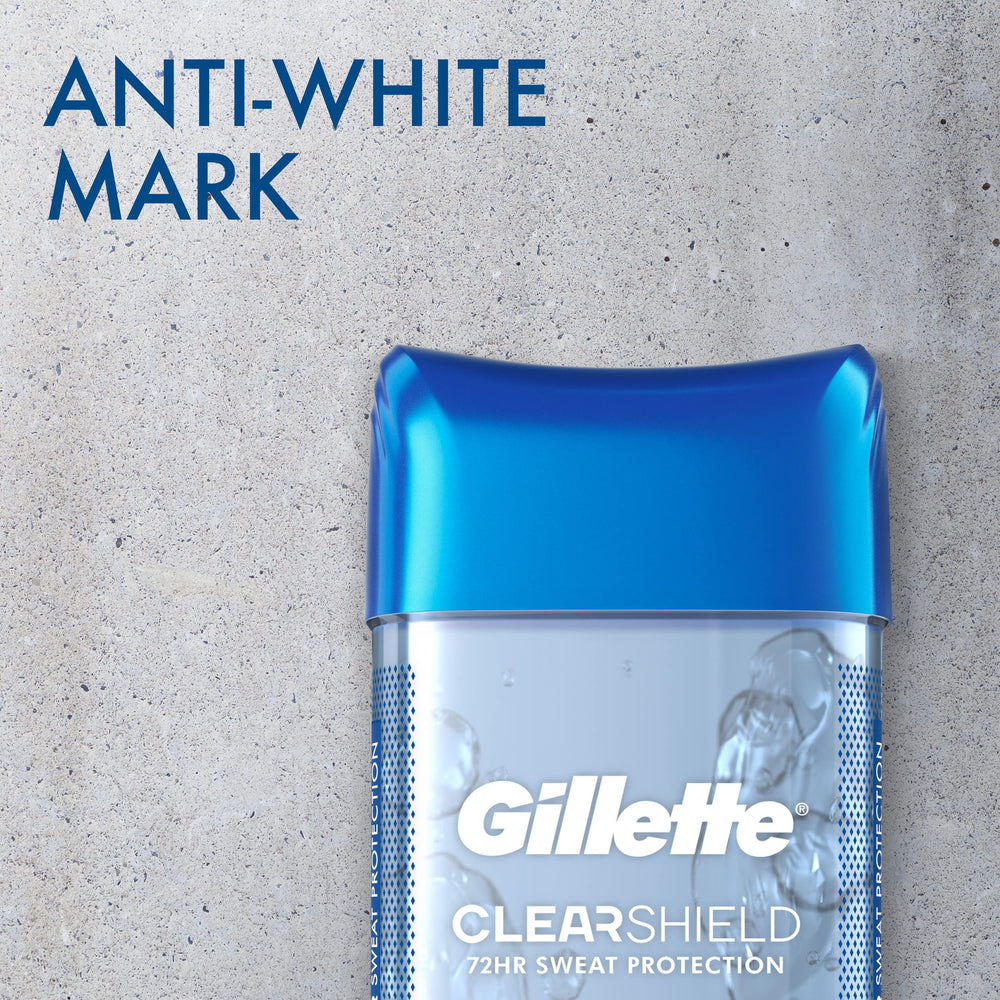 Gillette clear gel in hand scale comparison showing compact travel-friendly size