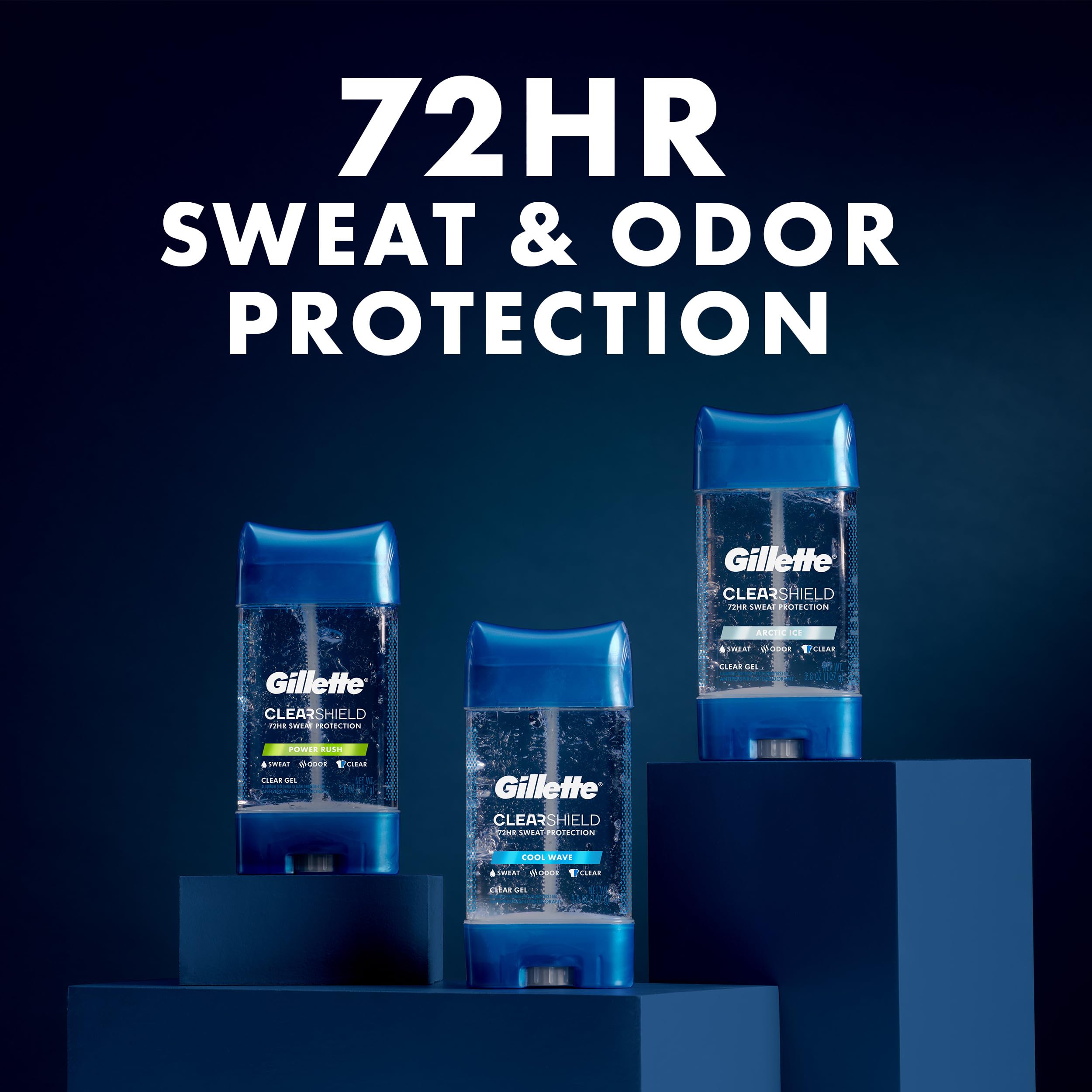 Three-pack of Gillette clear gel neatly arranged for home and travel backup
