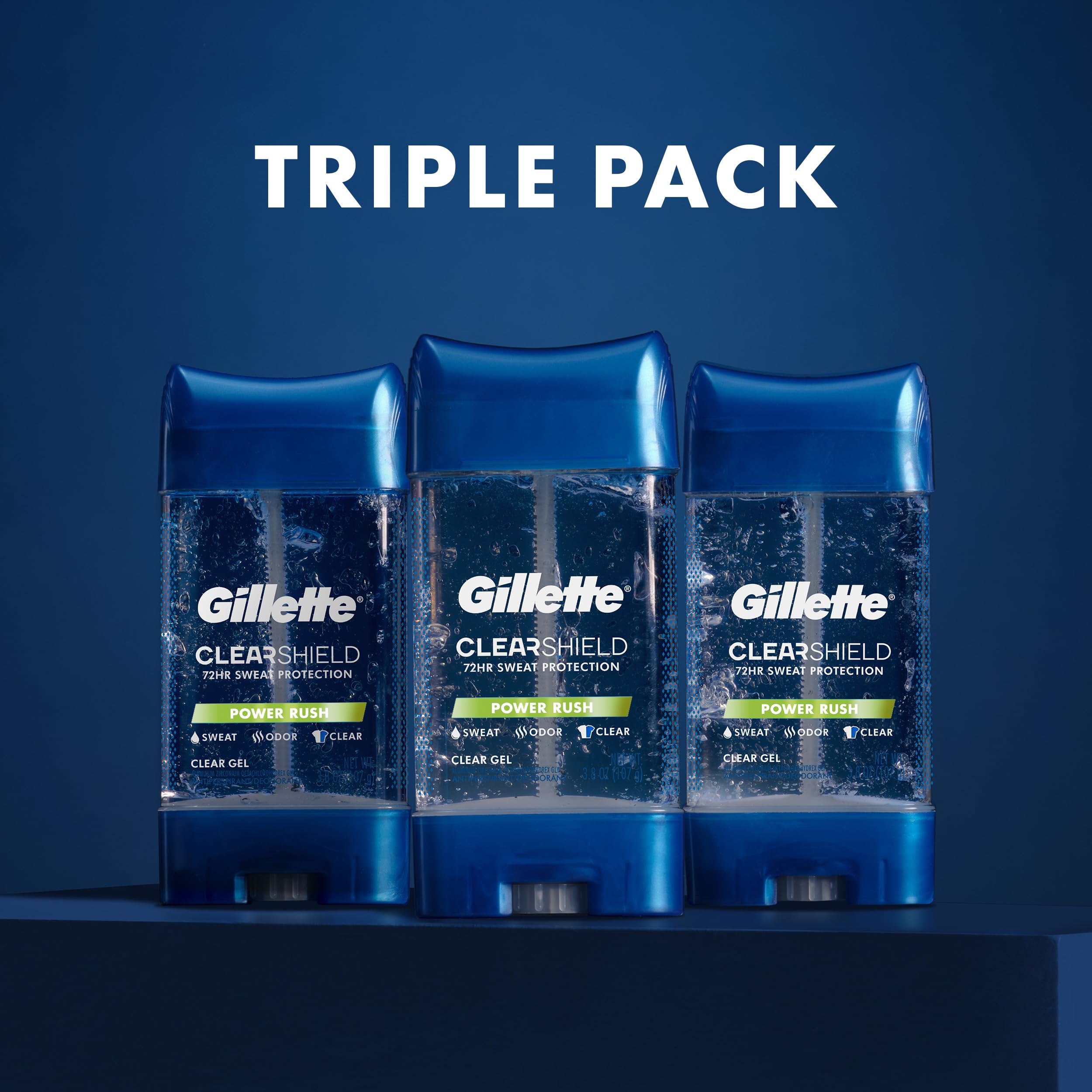 Three-pack of Gillette clear gel arranged for travel and everyday backup