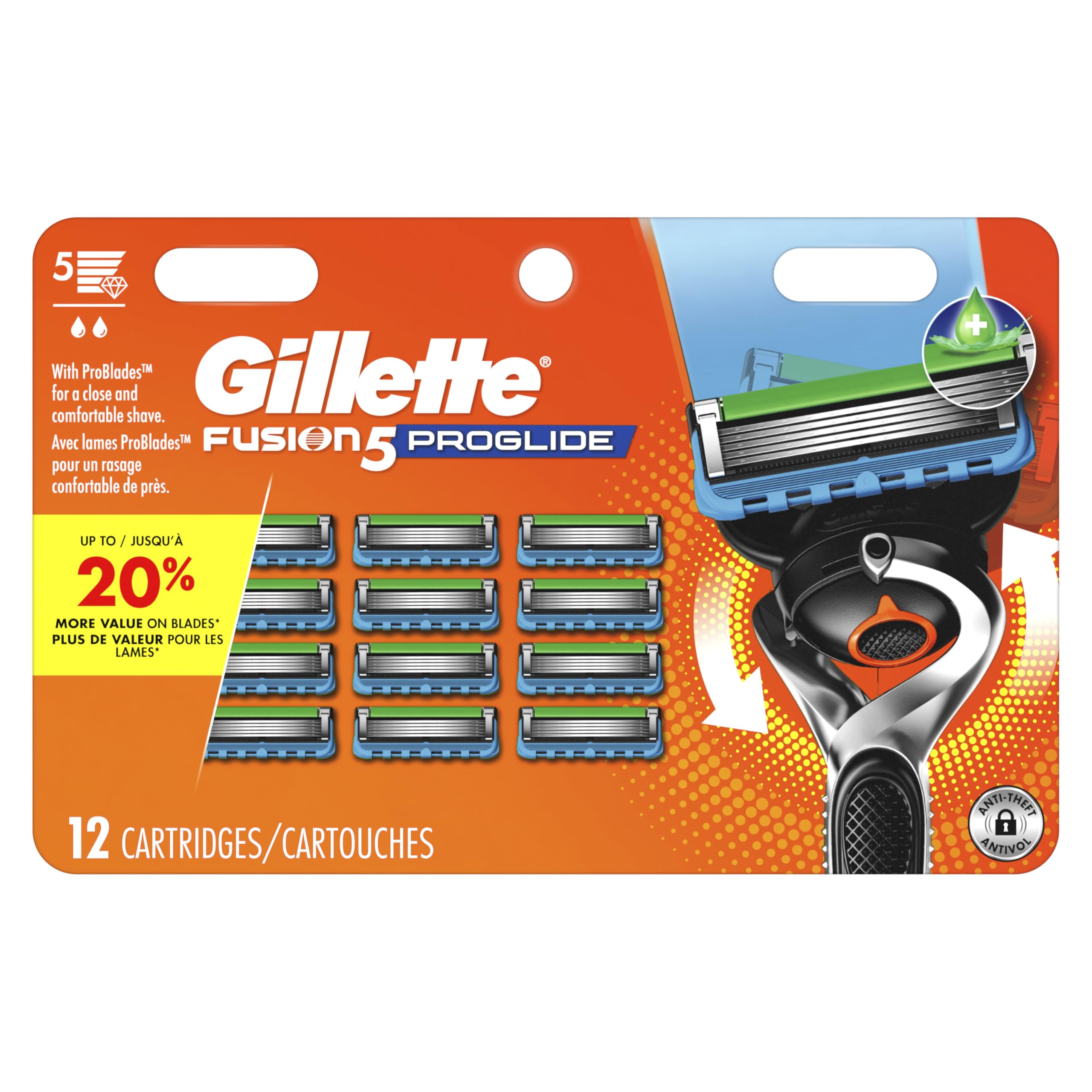 Gillette front packaging showing 12 ProGlide refills and supply benefit