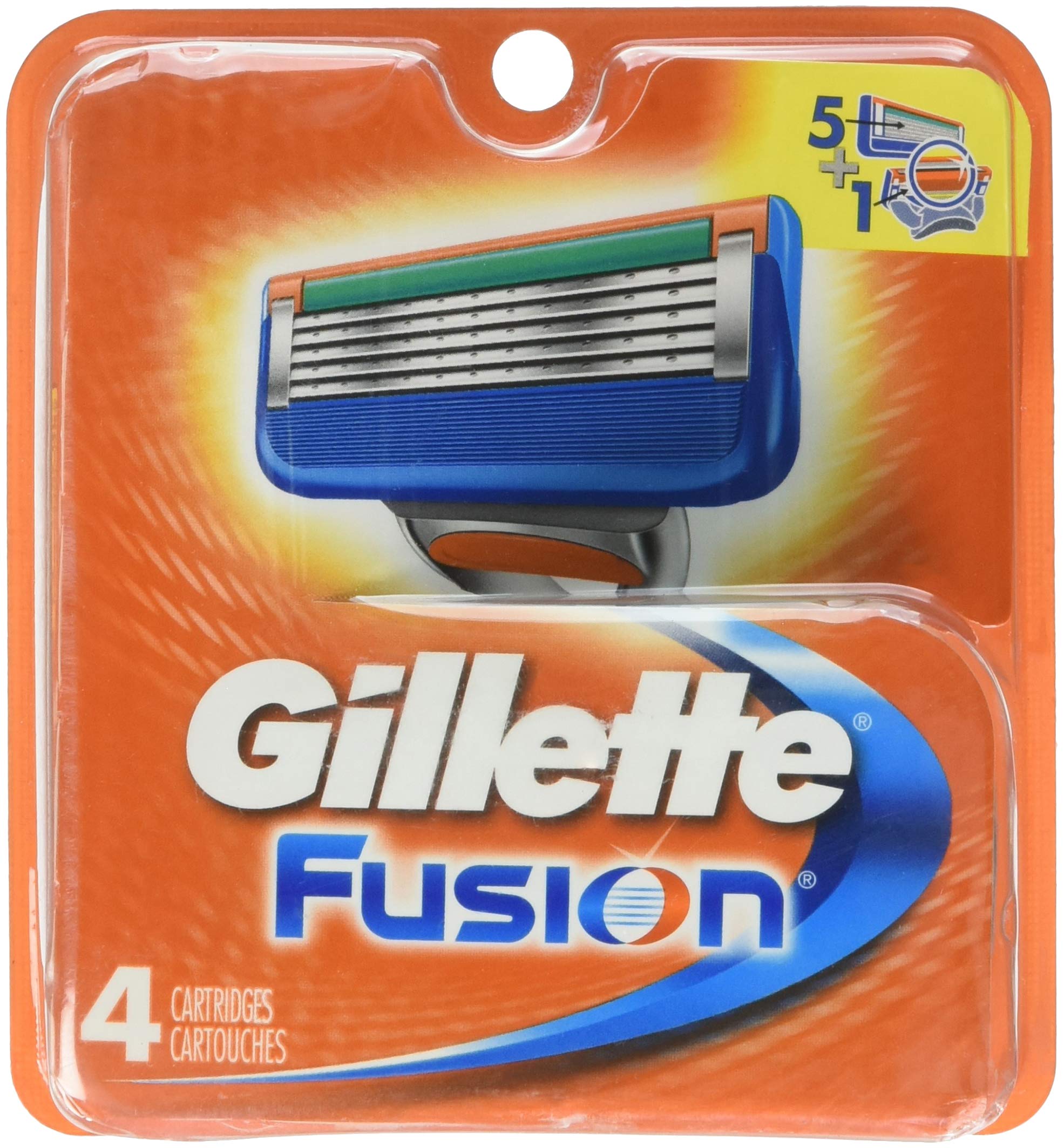 Gillette Fusion front packaging showing four replacement cartridges and easy storage benefit