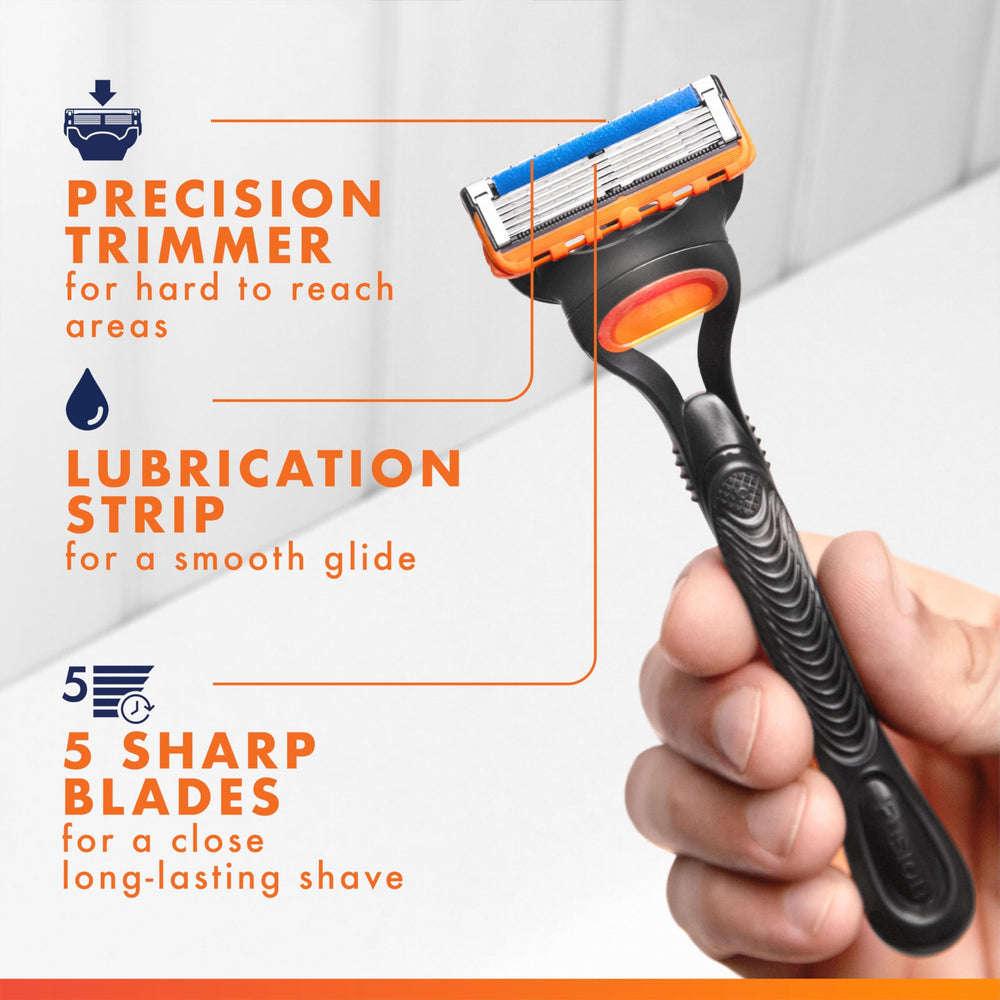 Gillette Fusion5 cartridge close-up showing five anti-friction blades for reduced tug