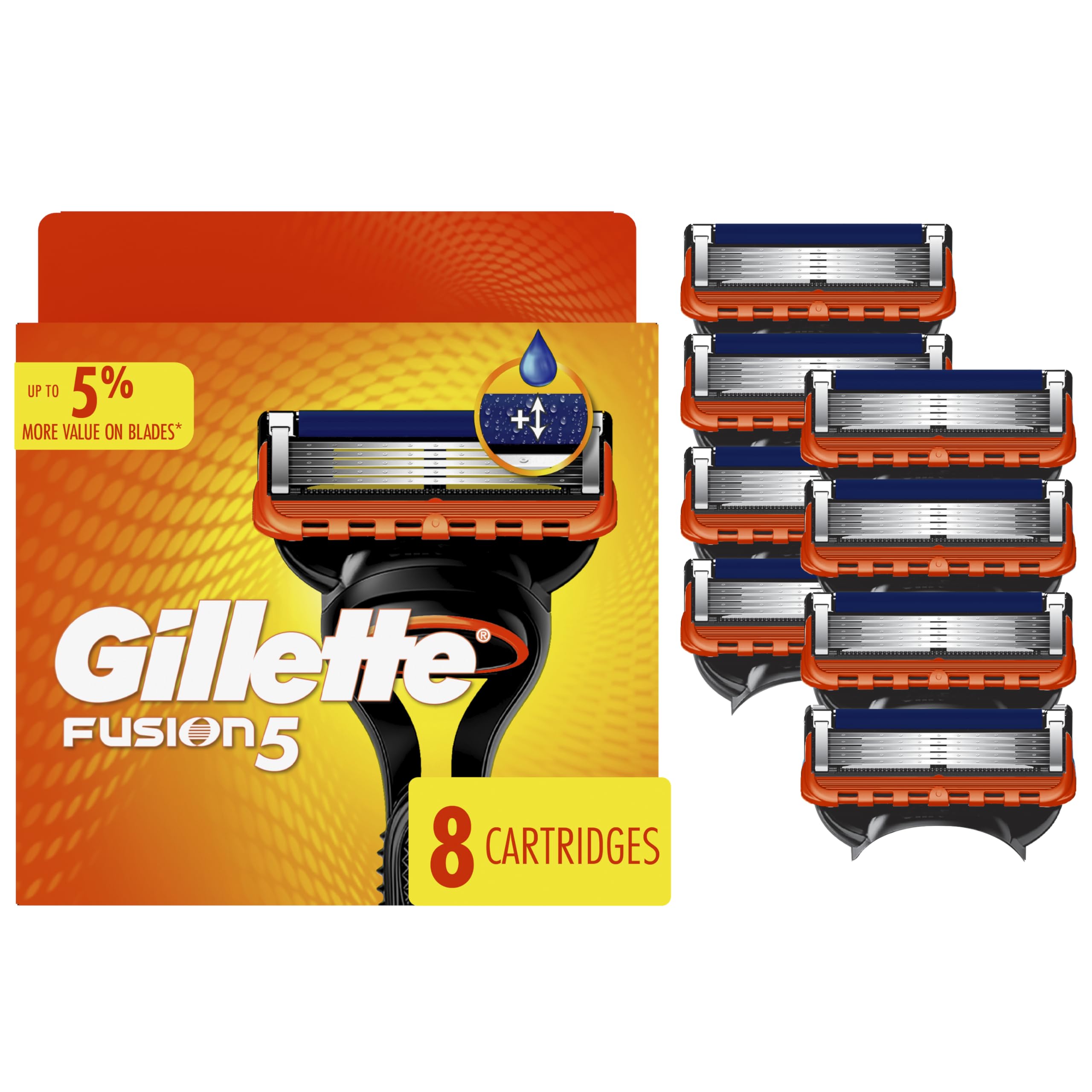 Gillette Fusion5 front packaging showing 8-count refills and value