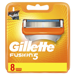 Gillette Fusion5 front packaging showing eight cartridges and benefits