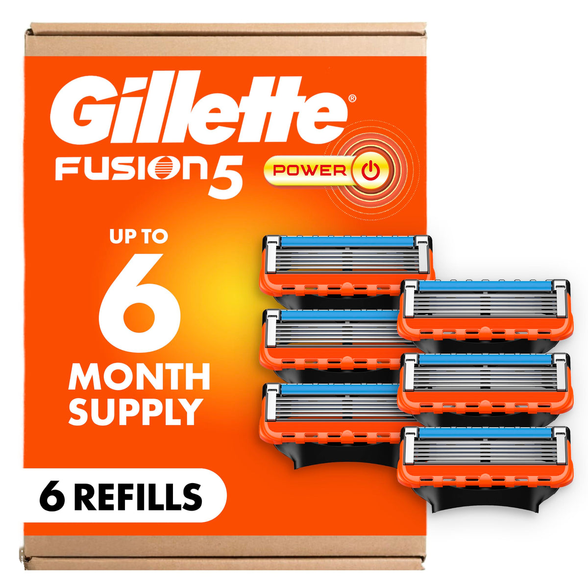 Gillette Fusion5 front packaging showing six cartridges and convenience