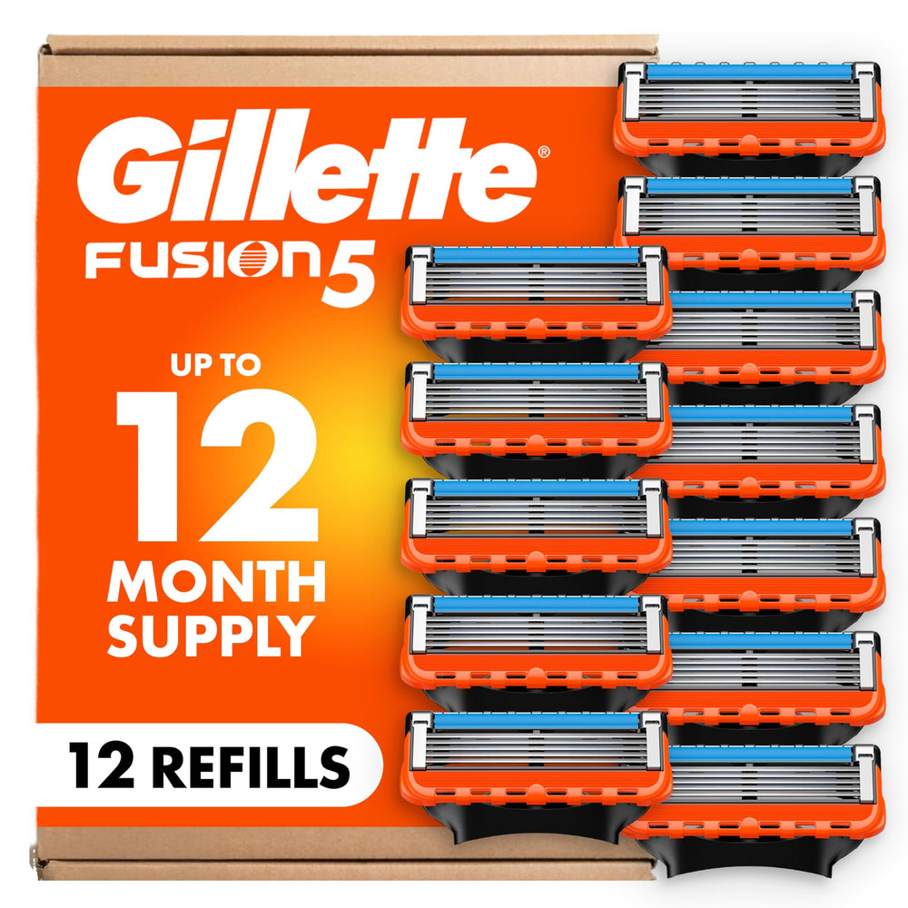 Gillette Fusion showing front packaging and included 12-count refills for convenience