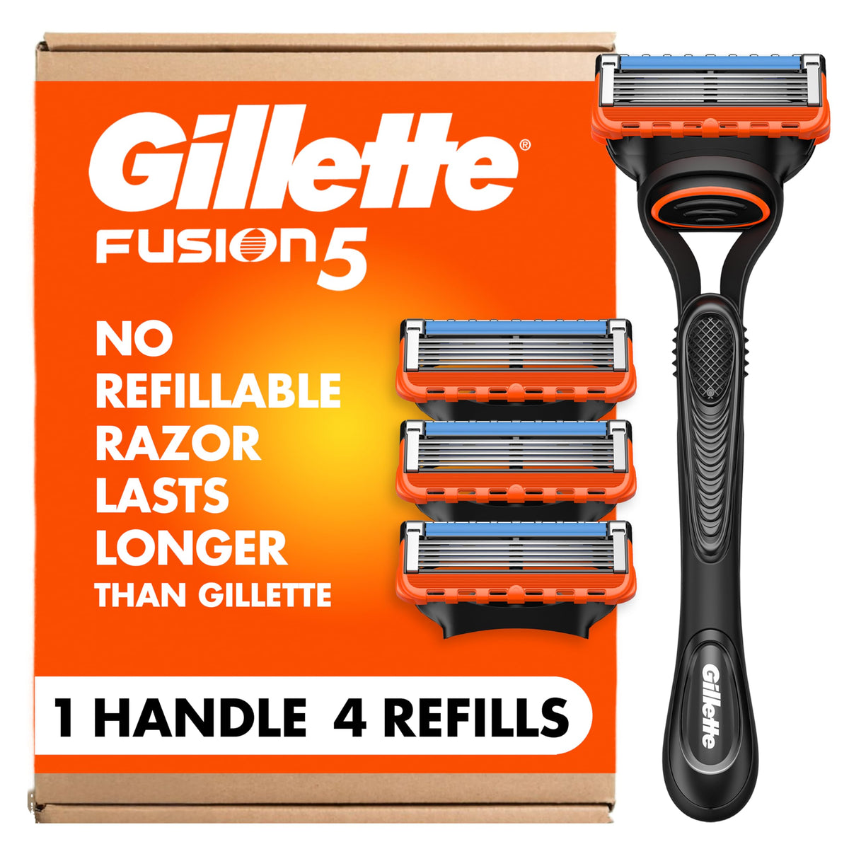 Gillette Fusion5 front packaging showing handle and four refills for reliable shave convenience