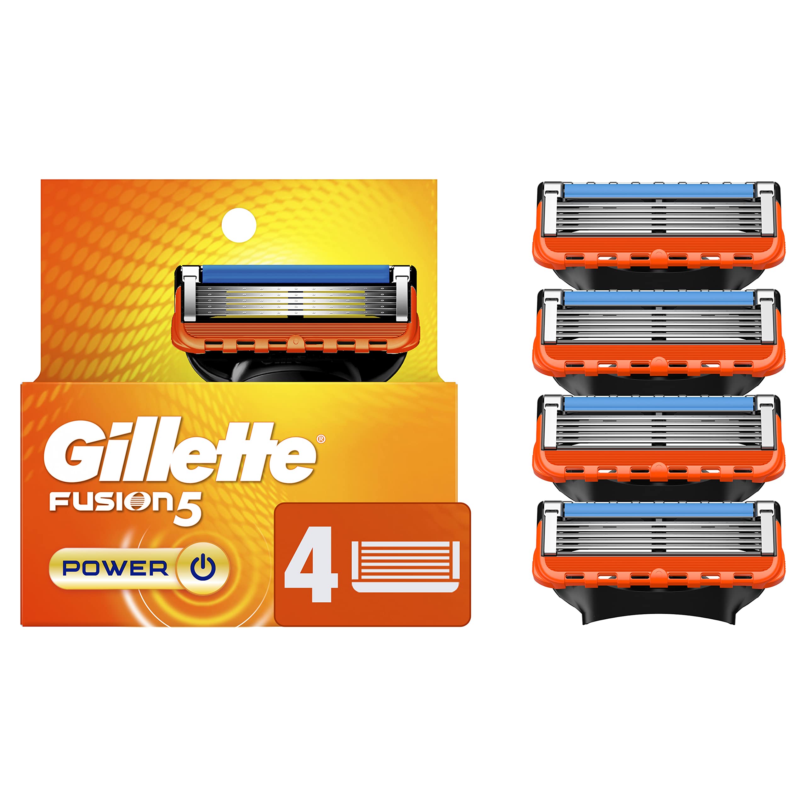 Gillette Fusion5 front packaging showing four refill cartridges and benefits