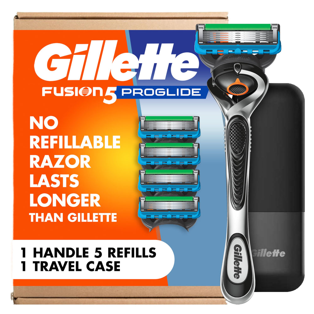 Gillette Fusion5 ProGlide front packaging showing kit contents and convenience