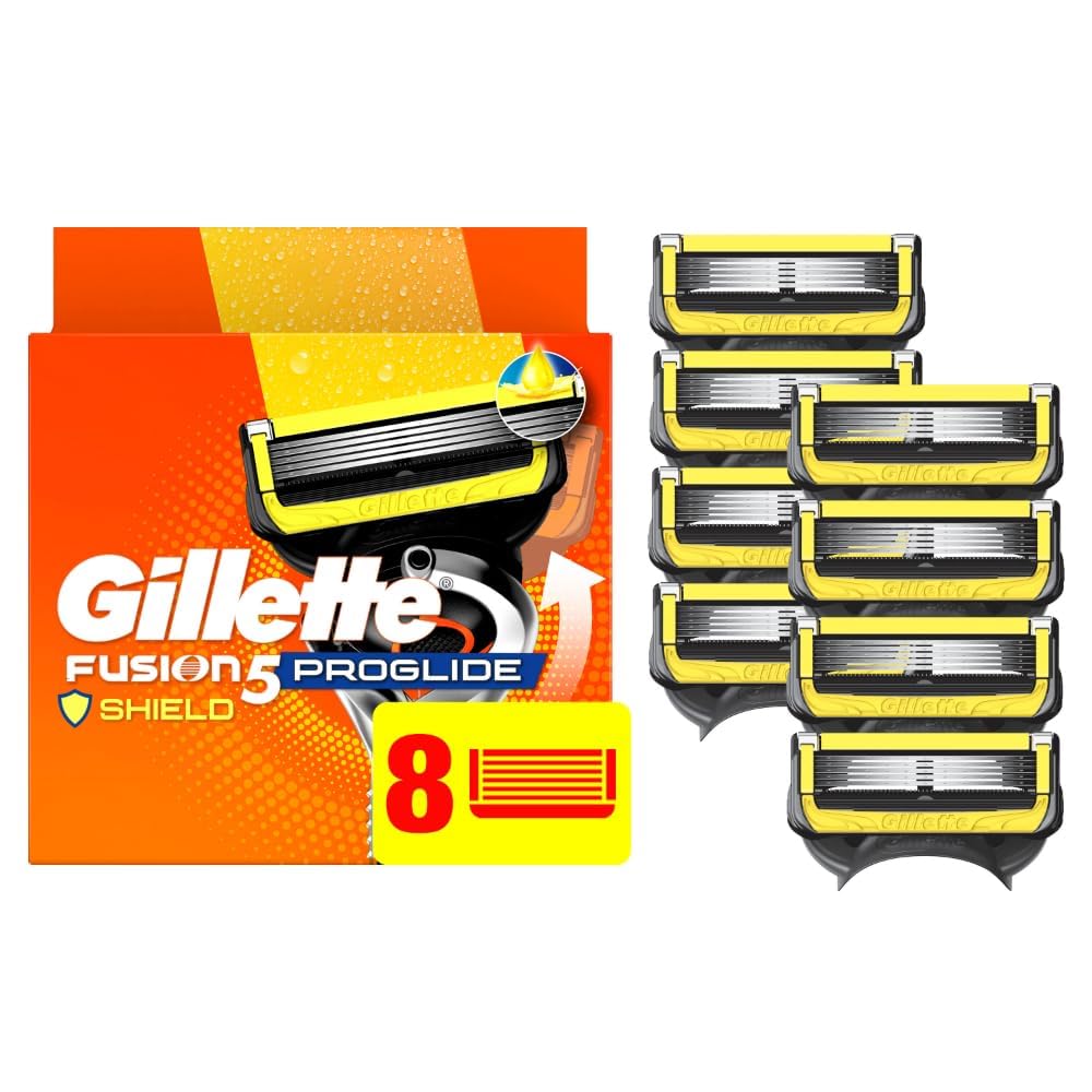 Gillette Fusion5 ProShield front packaging showing brand and cartridge count, clear protection benefit