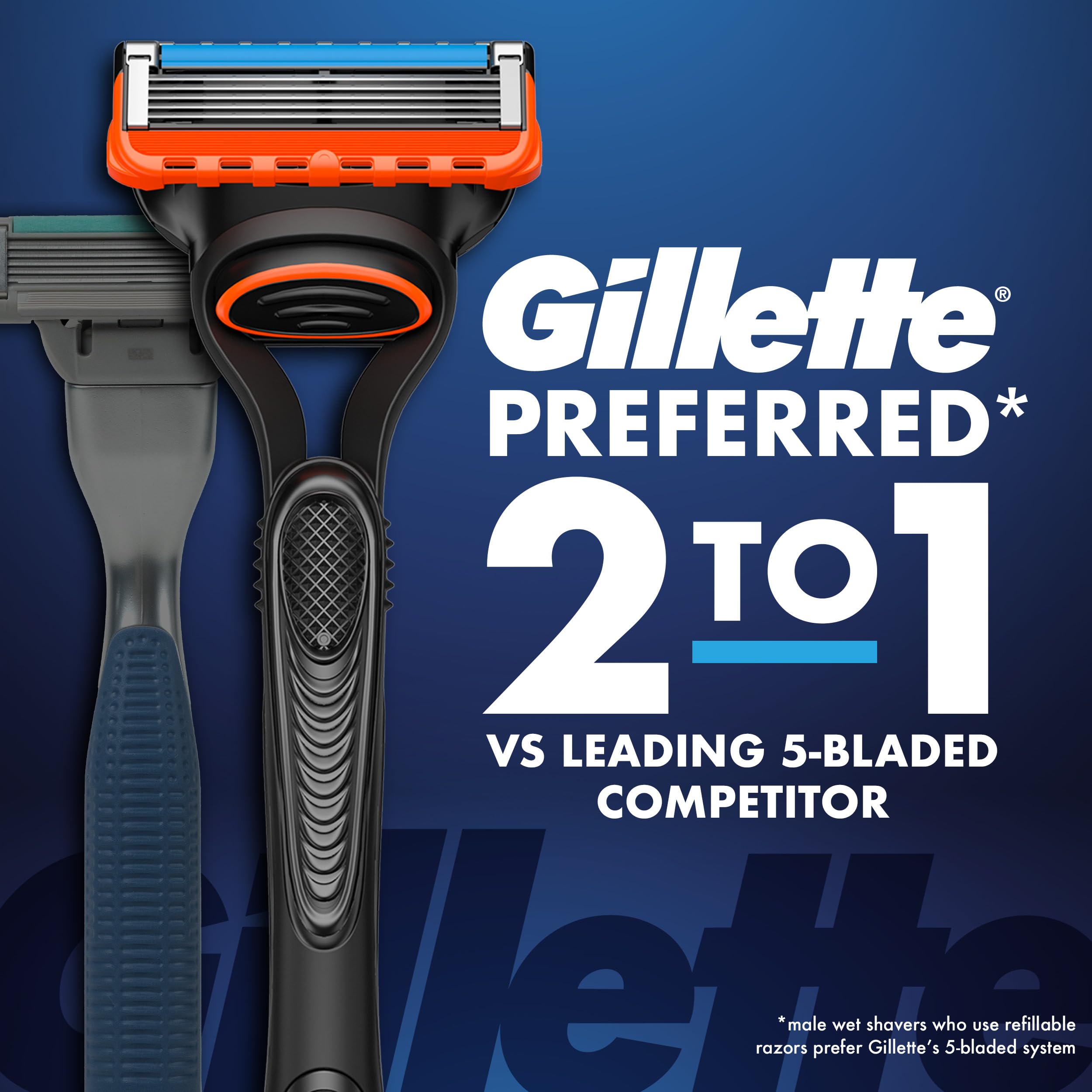 Gillette Fusion5 three blade cartridges closeup highlighting long-lasting refills