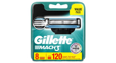 Gillette Mach 3 front packaging showing eight cartridges and product benefit