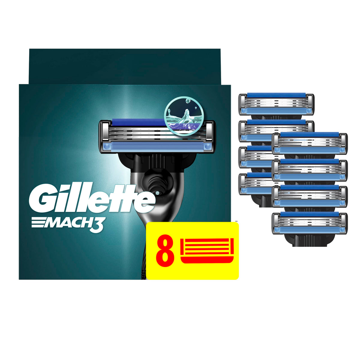 Gillette Mach3 front packaging showing eight refills and clear branding, reliable supply