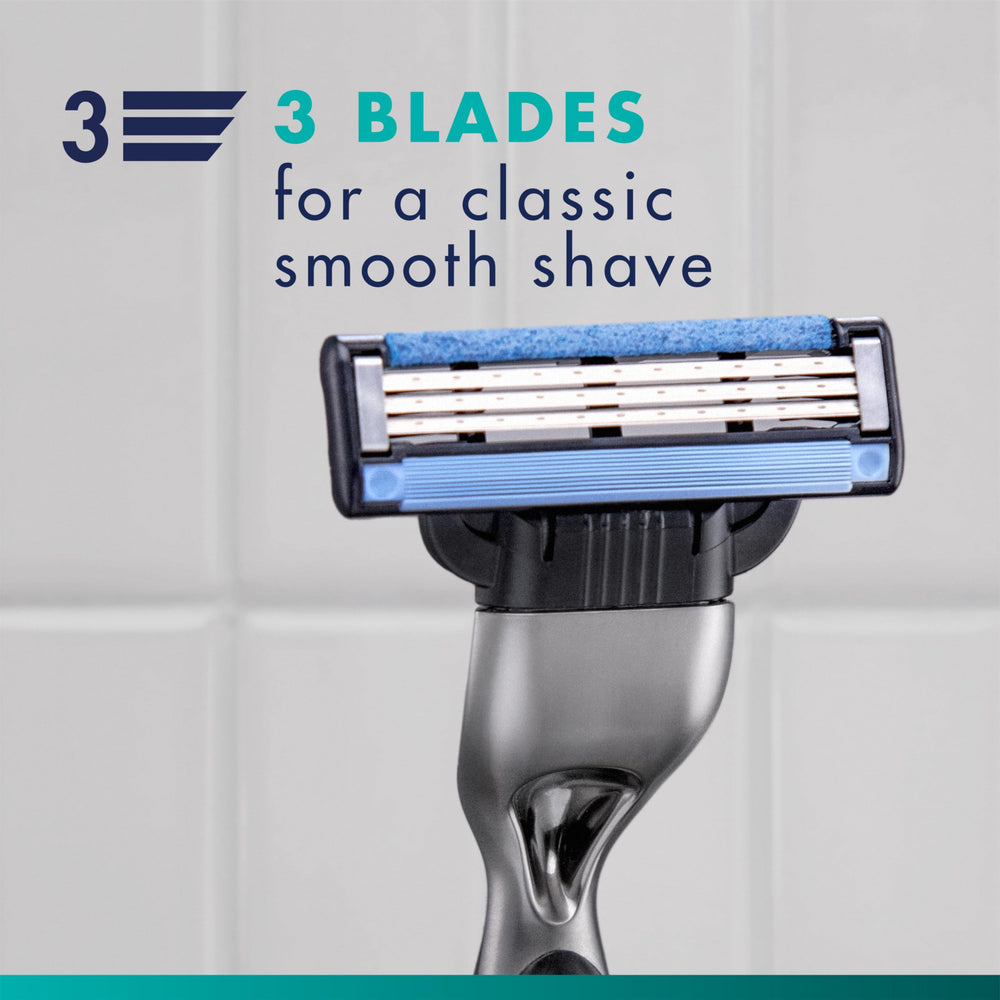 Micro fins on Gillette Mach3 cartridge preparing skin for a comfortable shave