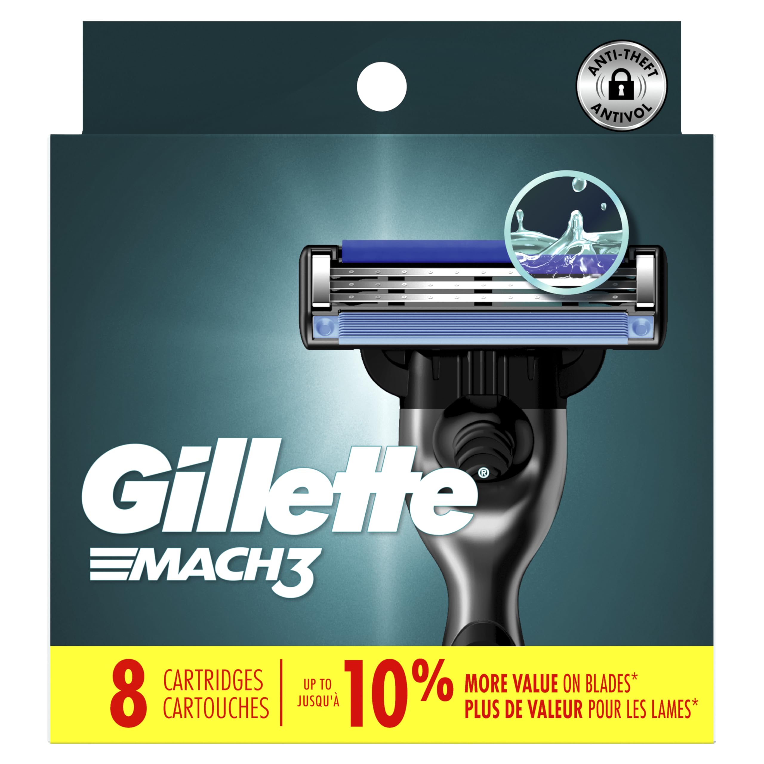 Eight Gillette Mach3 refills arranged to show pack contents and value