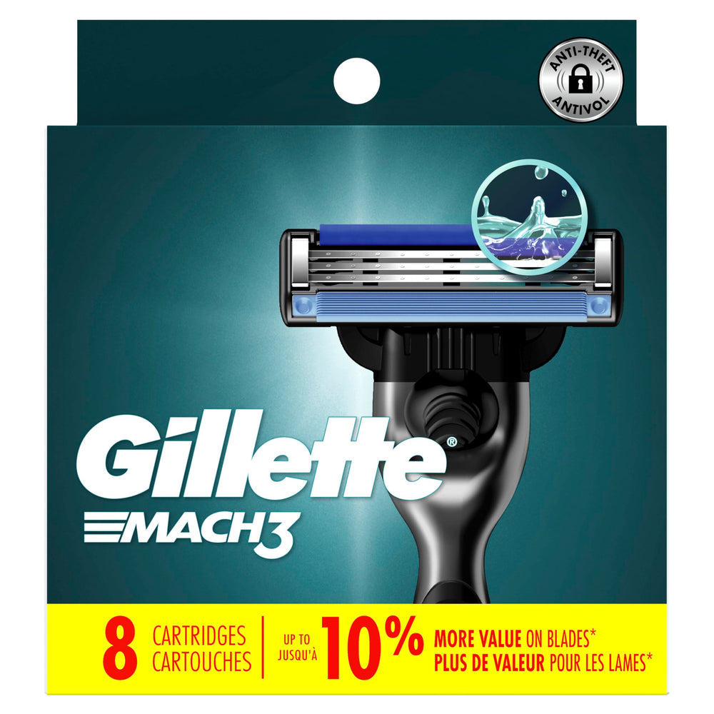 Eight Gillette Mach3 refills arranged to show pack contents and value
