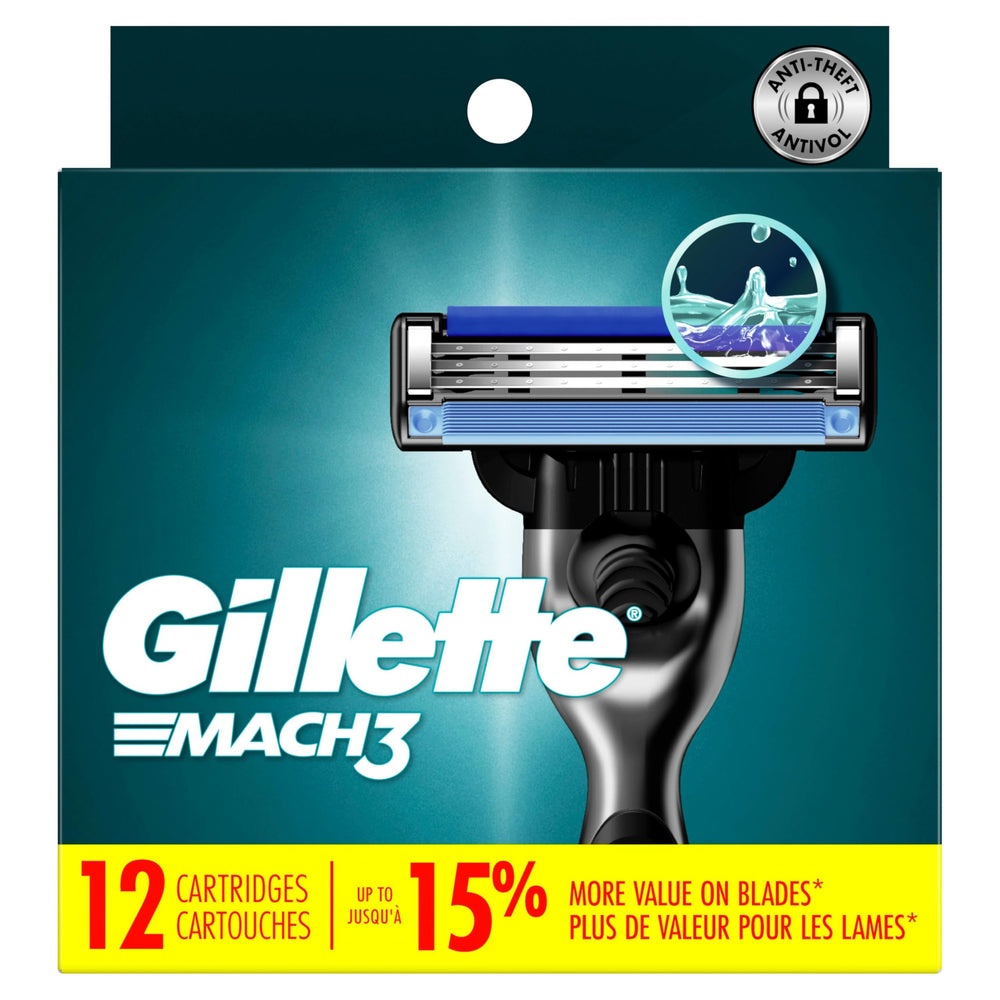 Gillette Mach3 twelve refills neatly arranged indicating long-lasting supply