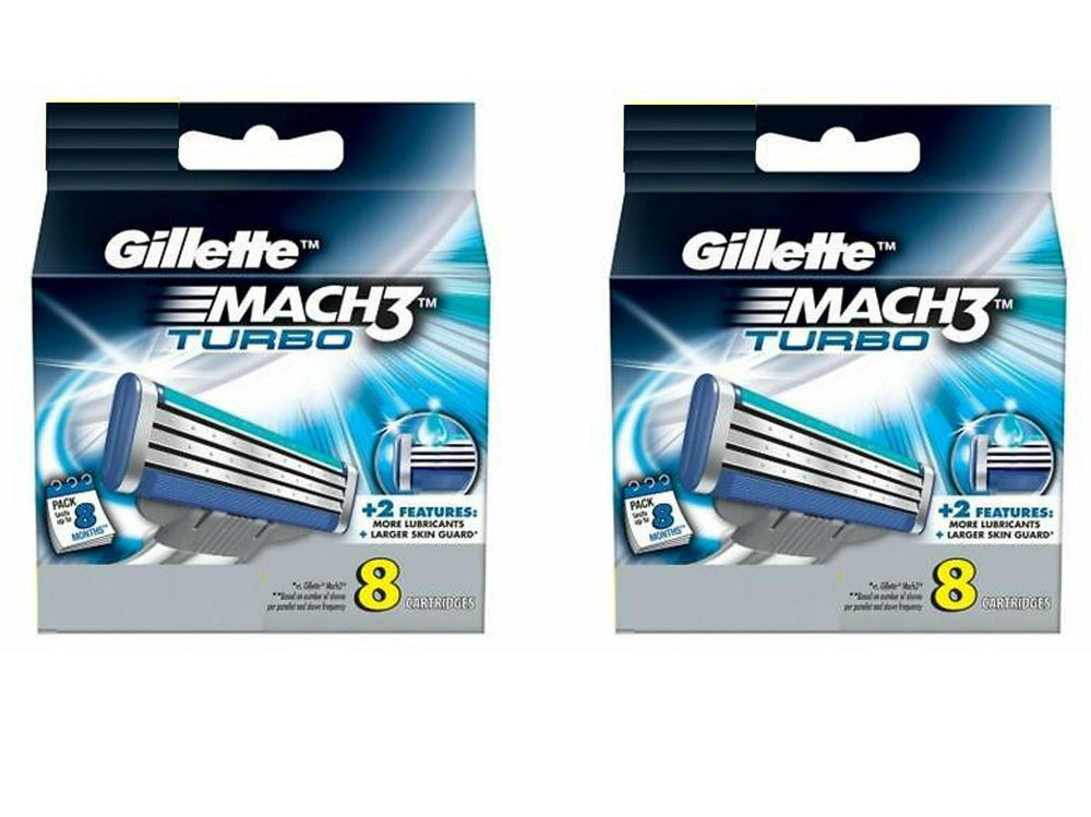 Gillette MACH3 Turbo cartridge front view showing blades and smooth glide benefit