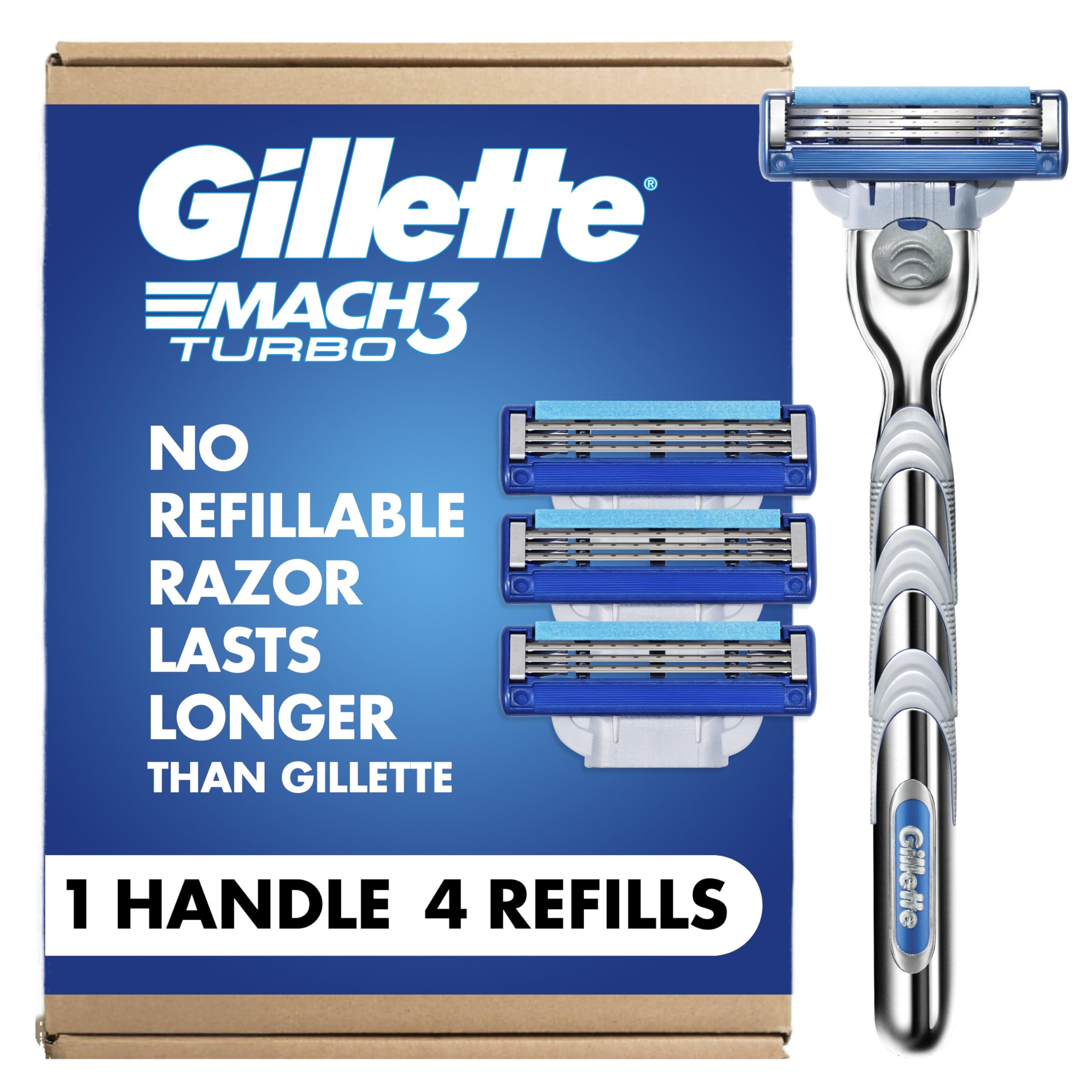 Gillette Mach3 Turbo front packaging showing included handle and four refills for easy purchase