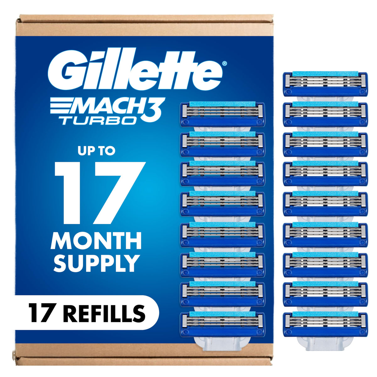 Gillette Mach3 Turbo front packaging showing pack benefits and count for easy stocking
