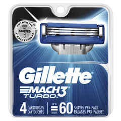 Gillette Mach3 Turbo front packaging showing four cartridges and clear labeling for convenience
