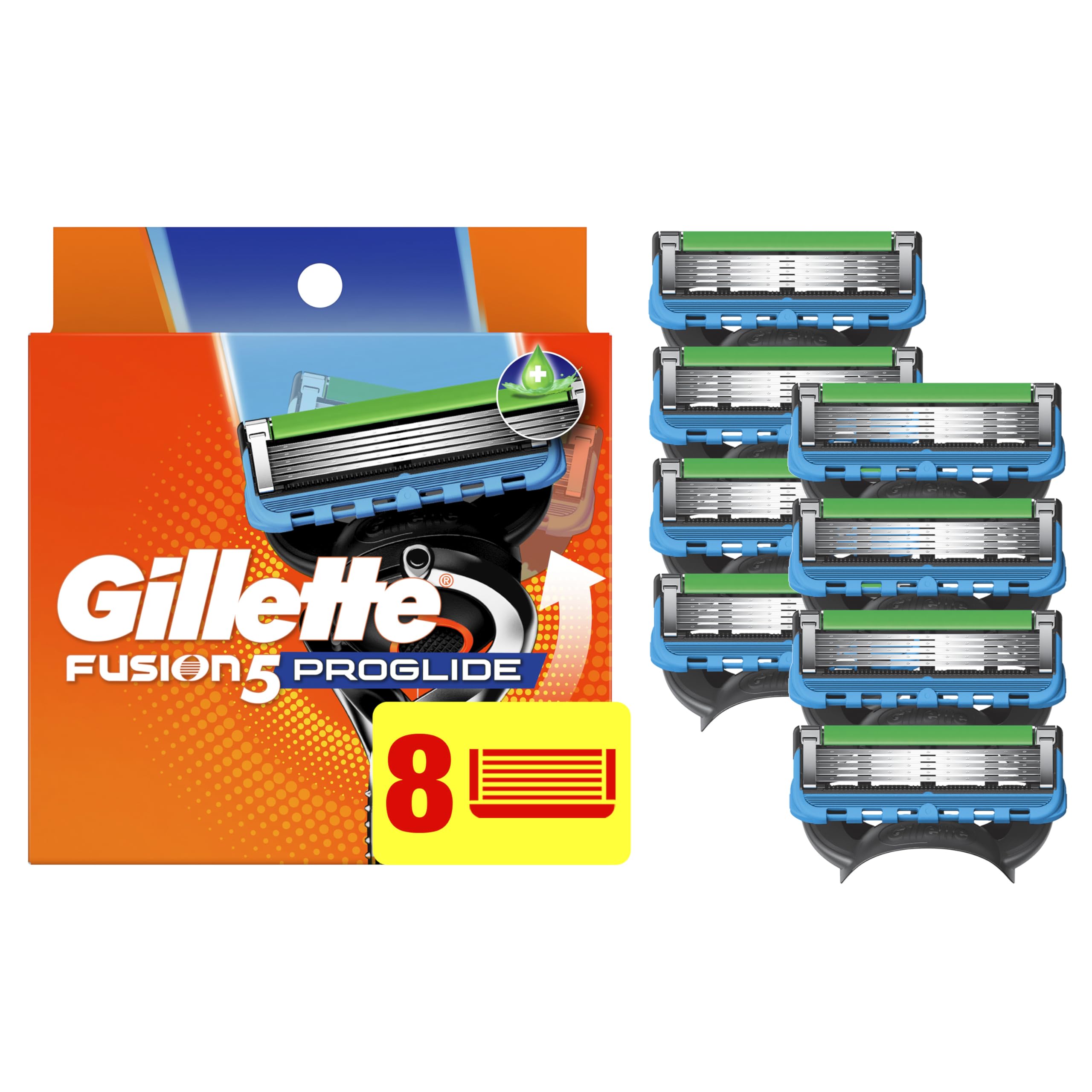 Gillette ProGlide front pack showing eight refills and clear label for convenience