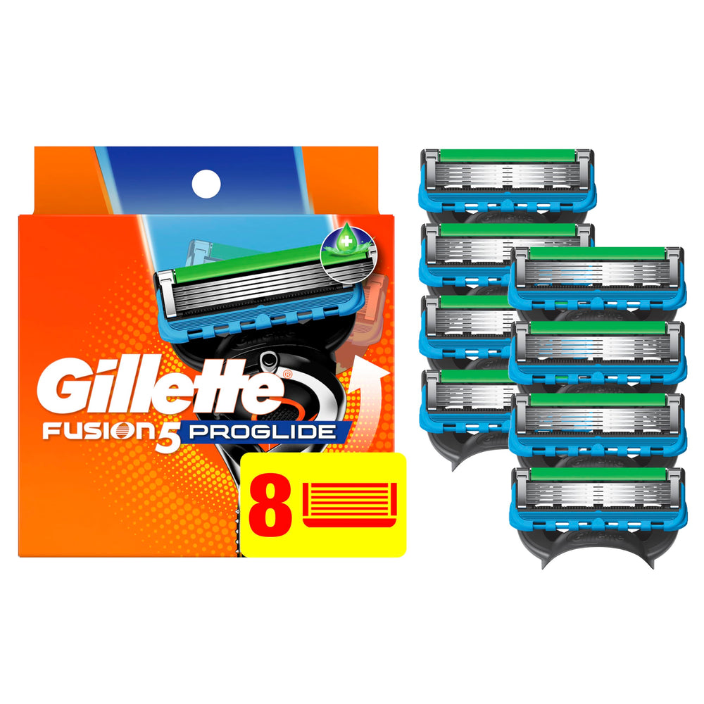 Gillette ProGlide front pack showing eight refills and clear label for convenience