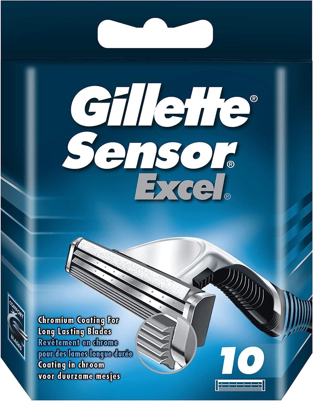 Gillette Sensor Excel front packaging showing 10 cartridges and clear branding for quick selection