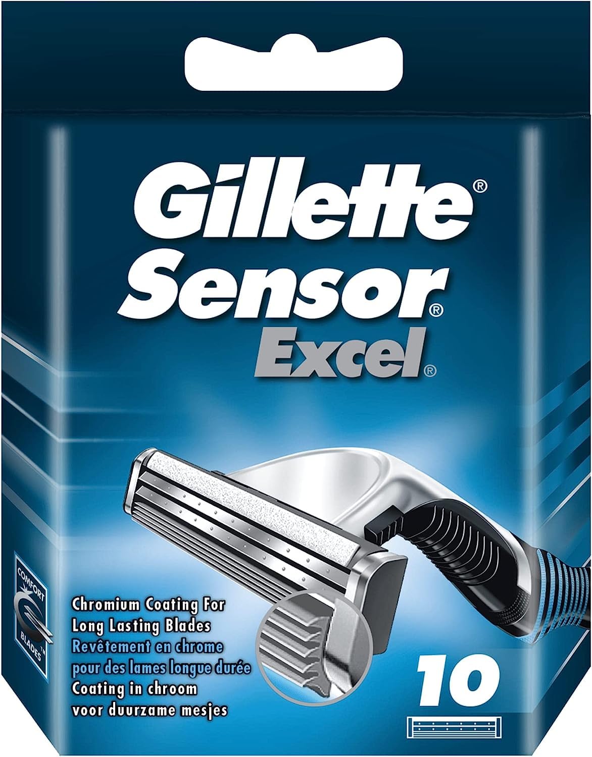 Gillette Sensor Excel front packaging showing 10 cartridges and clear branding for quick selection