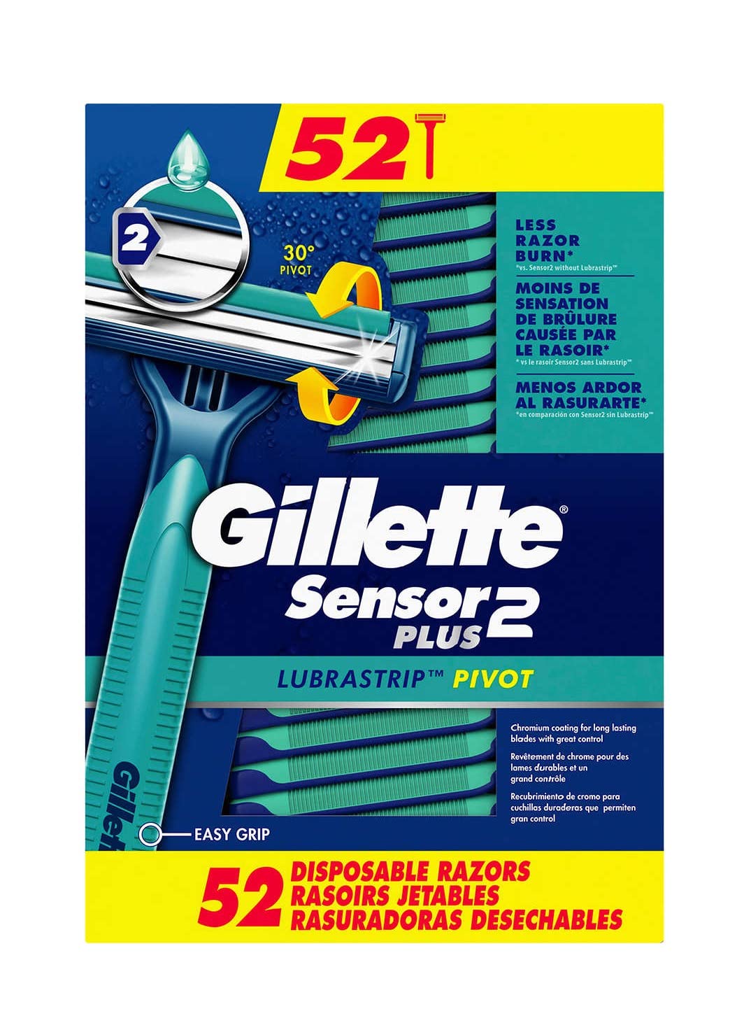 Gillette Sensor2 Plus front packaging showing 52-count value pack benefit