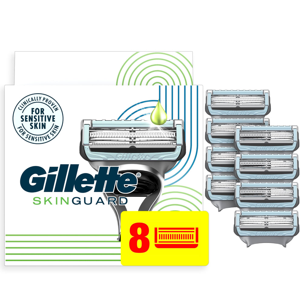 Gillette SkinGuard front packaging showing product and benefits for sensitive skin