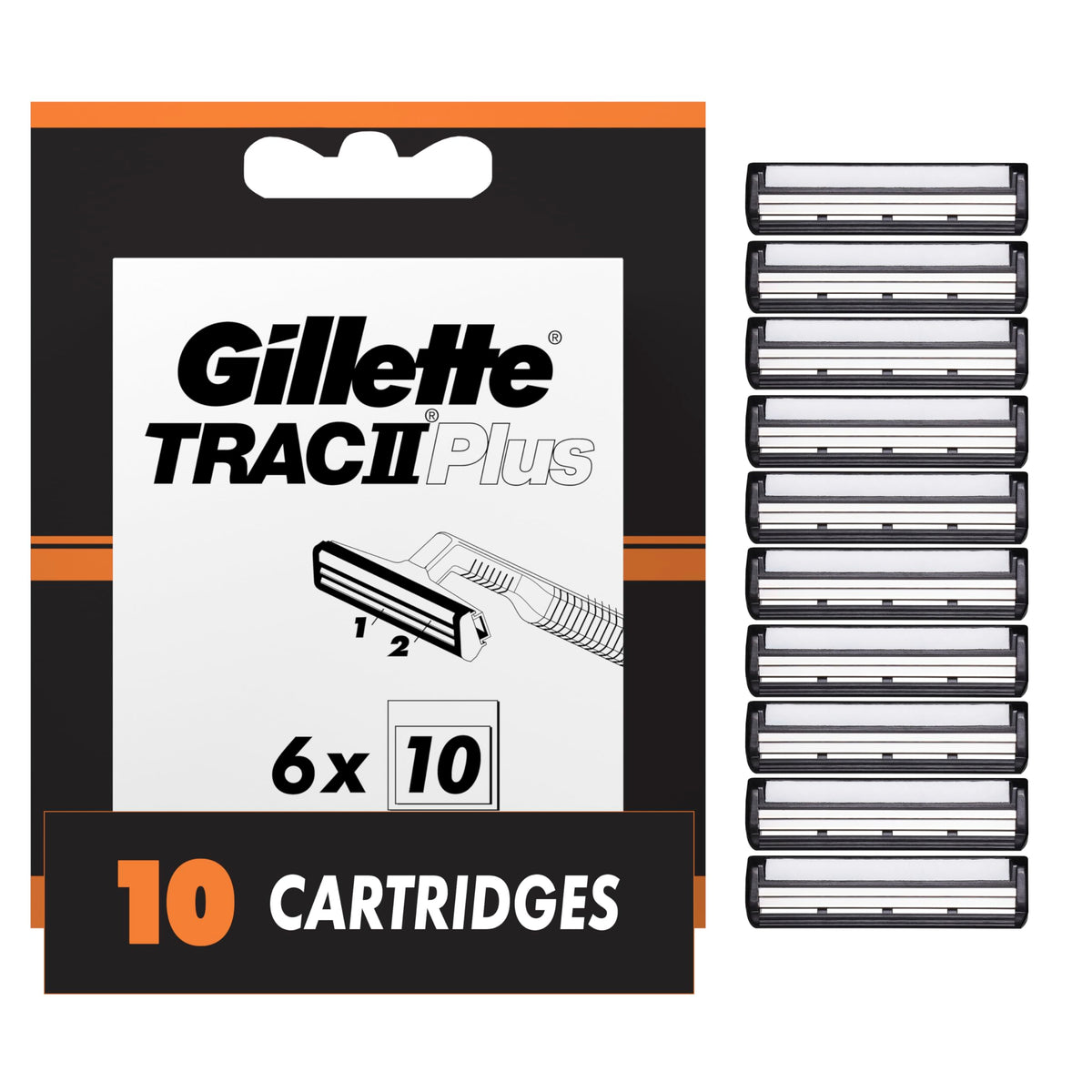 Gillette TRAC II Plus front pack showing ten refills and clear labeling for convenience