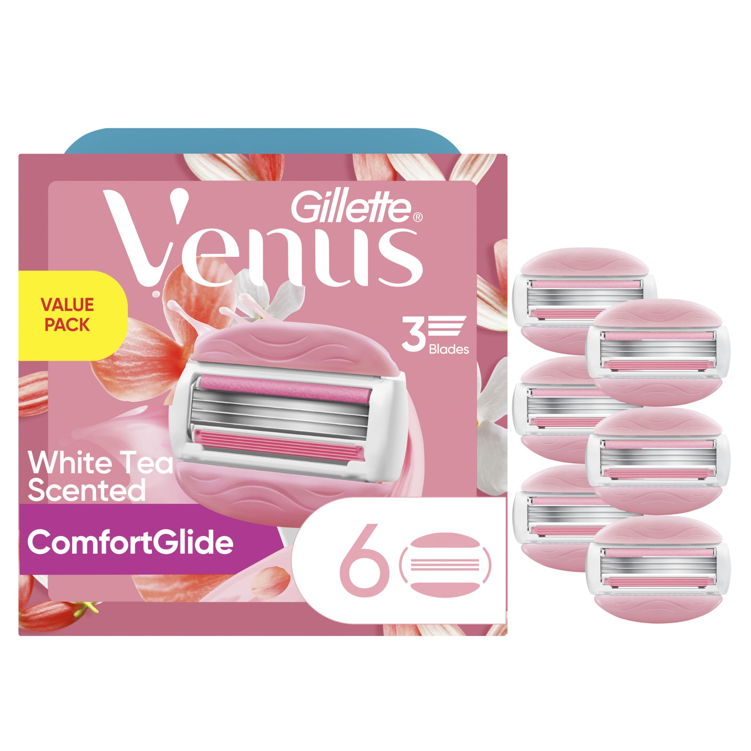 Gillette Venus front packaging showing six refill cartridges and benefits