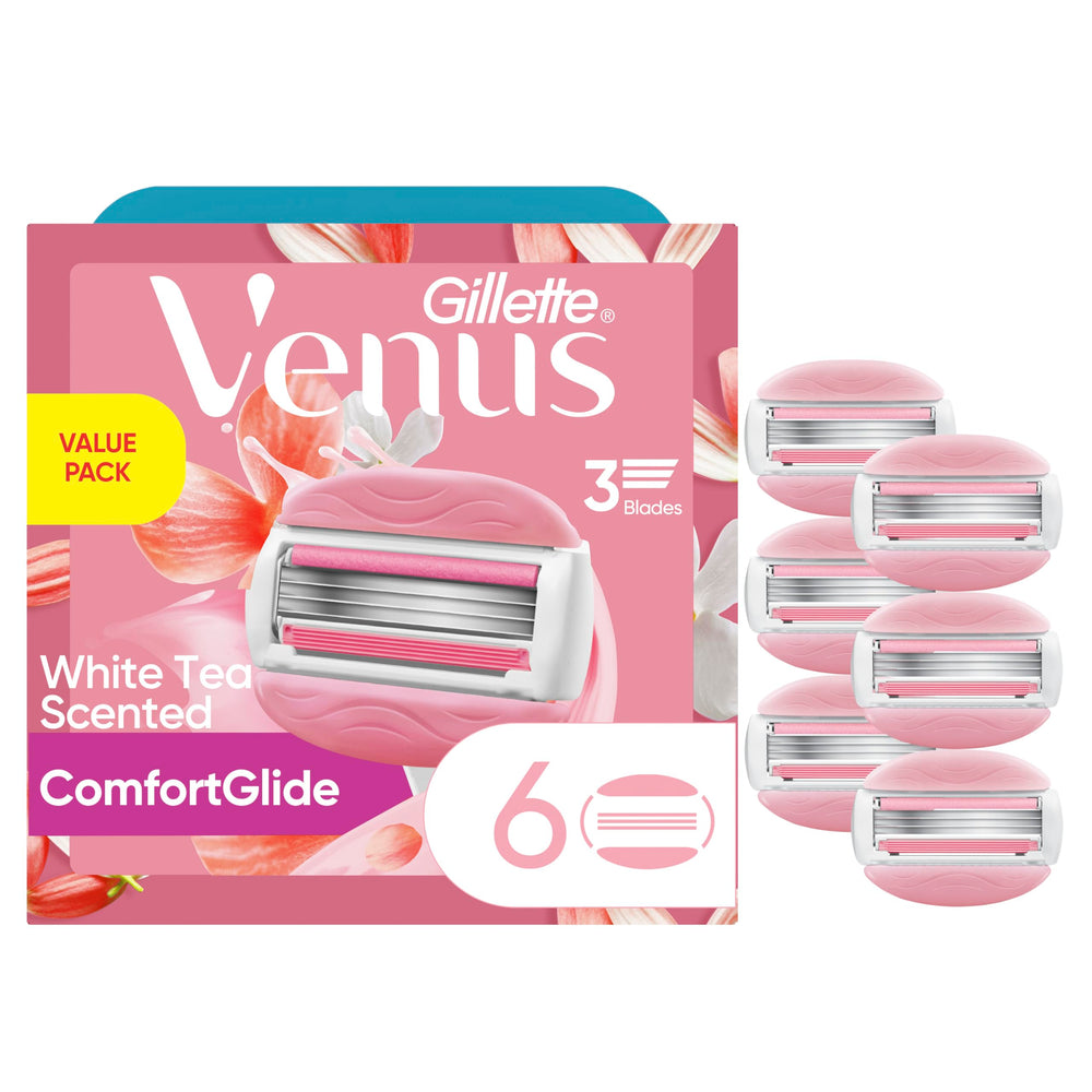 Gillette Venus front packaging showing six refill cartridges and benefits