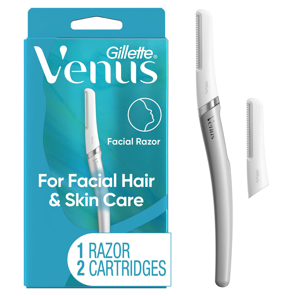 Gillette Venus front packaging showing dermaplaning kit benefits and clarity
